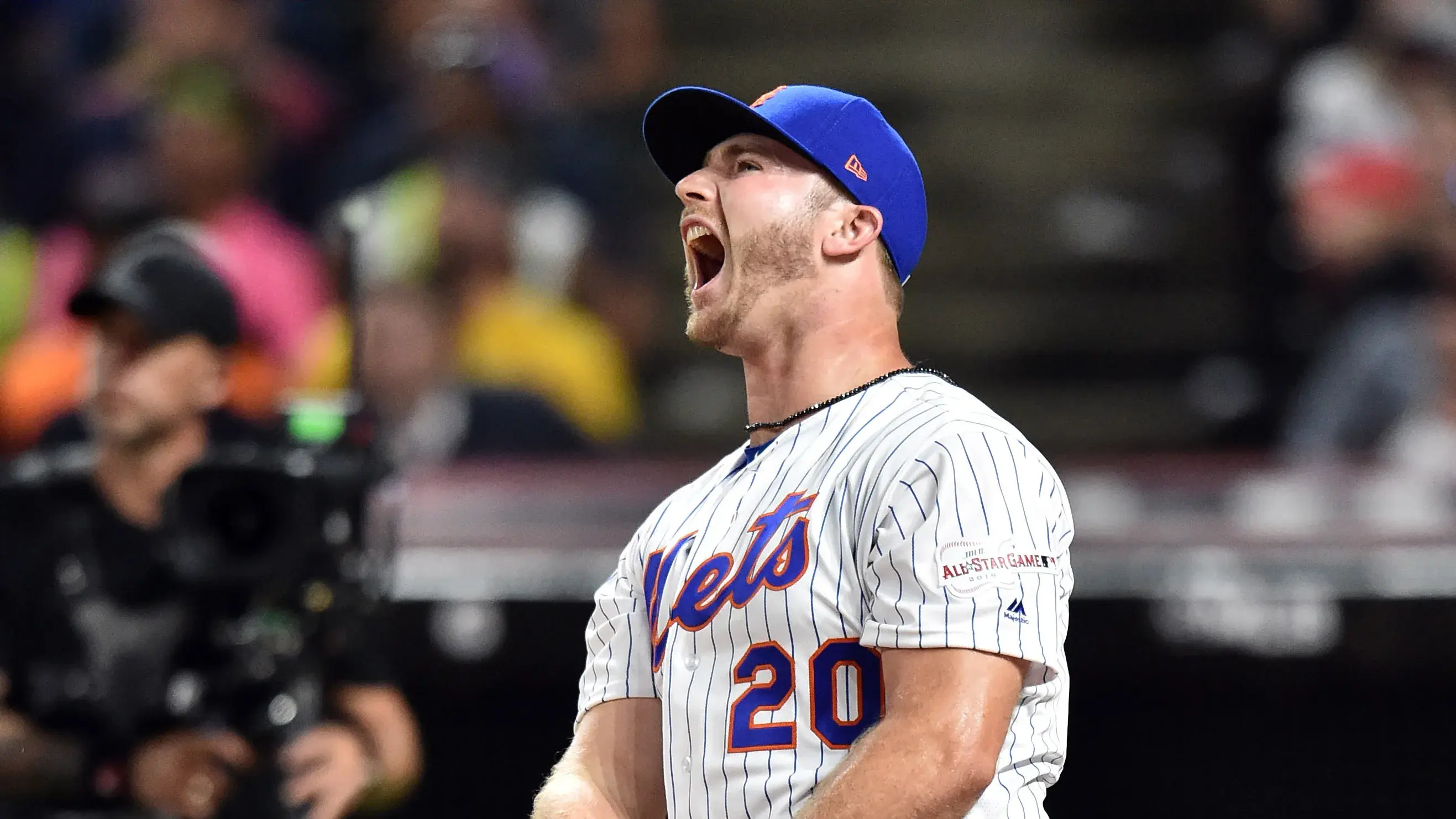 New York Mets first baseman Pete Alonso (20) reacts after the second round in the 2019 MLB Home Run Derby at Progressive Field. / Ken Blaze/USA TODAY