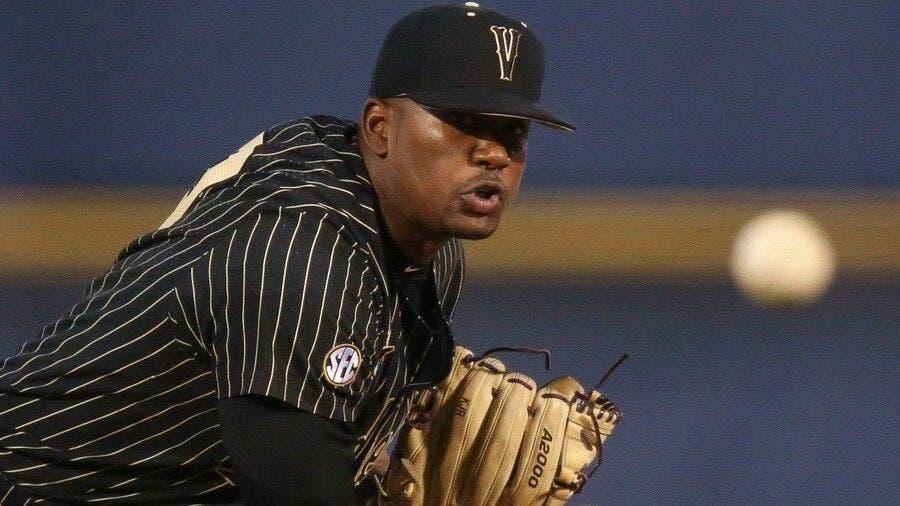 Vanderbilt pitcher Kumar Rocker (80) pitches against Arkansas during the SEC Tournament Thursday, May 27, 2021, in the Hoover Met in Hoover, Alabama. [ / Gary Cosby Jr. via Imagn Content Services, LLC