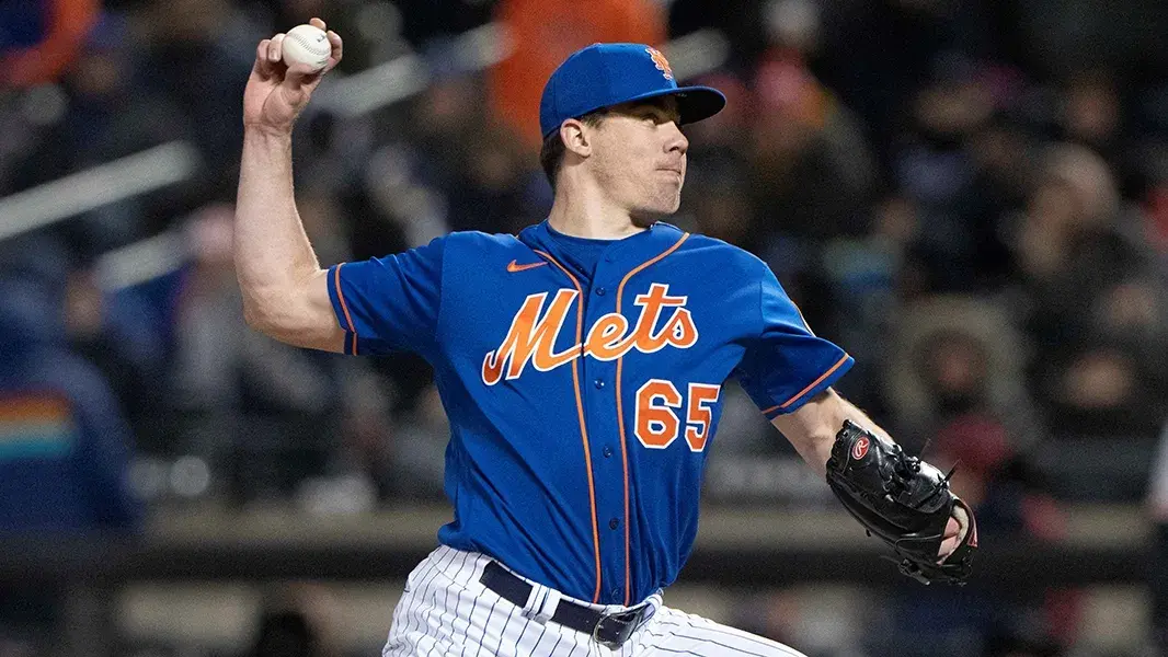 Apr 19, 2022; New York City, New York, USA; New York Mets pitcher Trevor May (65) delivers a pitch during the ninth inning against the San Francisco Giants at Citi Field. / Gregory Fisher-USA TODAY Sports