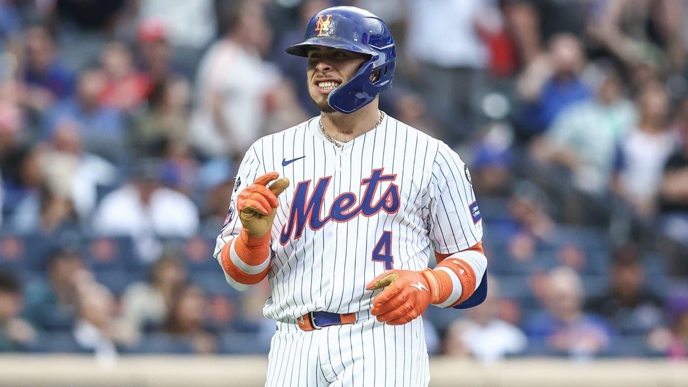 New York Mets catcher Francisco Alvarez (4) reacts after just missing a home run in the first inning against the Washington Nationals at Citi Field / Wendell Cruz-USA TODAY Sports