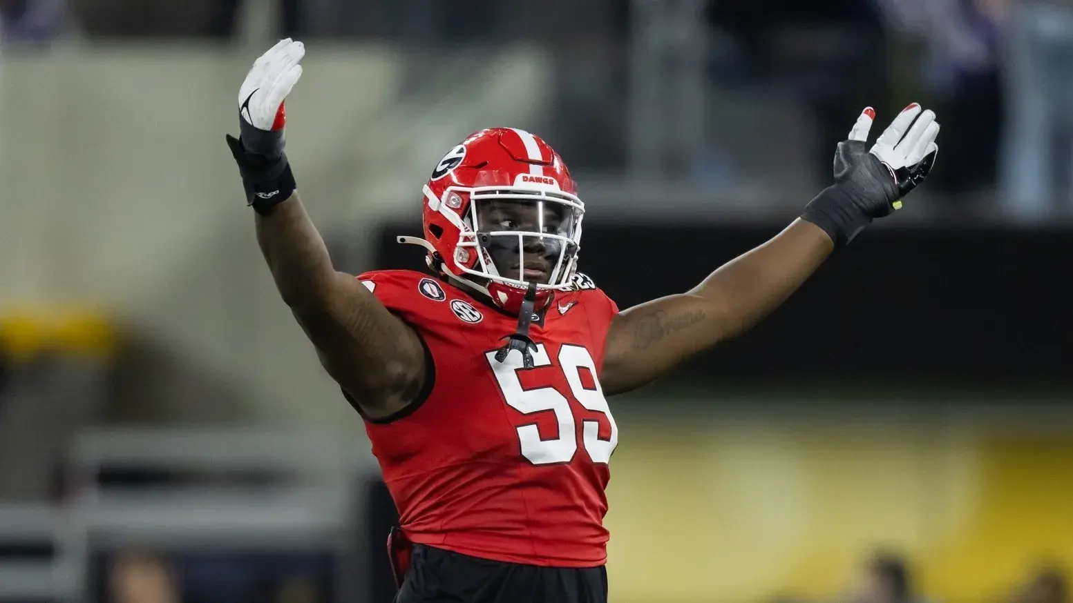 Georgia Bulldogs offensive lineman Broderick Jones celebrates against the TCU Horned Frogs during the CFP national championship game at SoFi Stadium. / Mark J. Rebilas-USA TODAY Sports