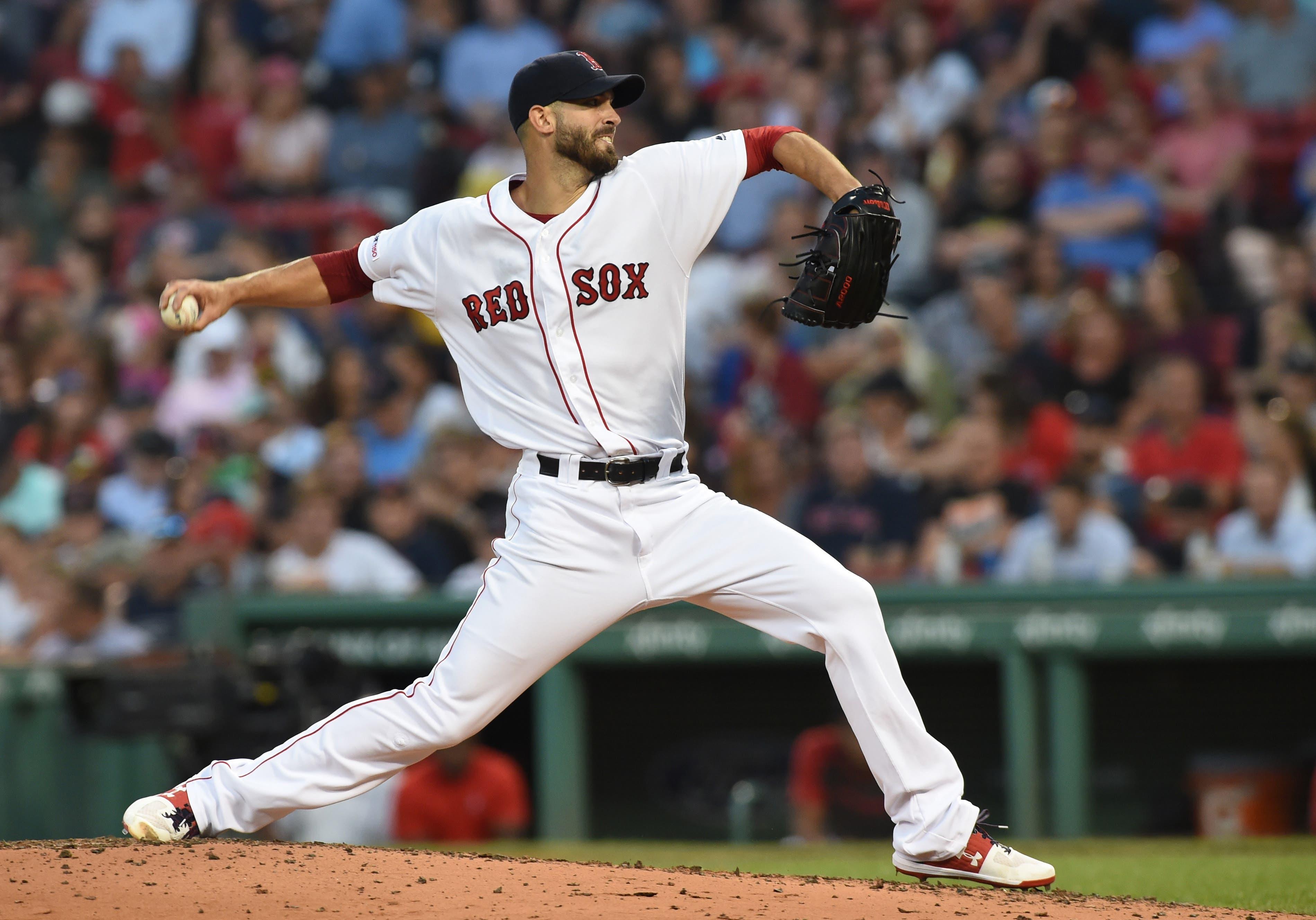 Aug 5, 2019; Boston, MA, USA; Boston Red Sox starting pitcher Rick Porcello (22) pitches during the third inning against the Kansas City Royals at Fenway Park. Mandatory Credit: Bob DeChiara-USA TODAY Sports / Bob DeChiara