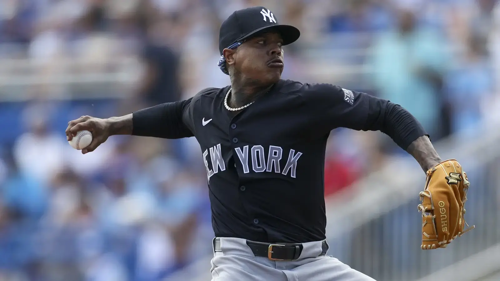 New York Yankees starting pitcher Marcus Stroman (0) throws a pitch against the Toronto Blue Jays in the first inning at TD Ballpark. / Nathan Ray Seebeck-USA TODAY Sports