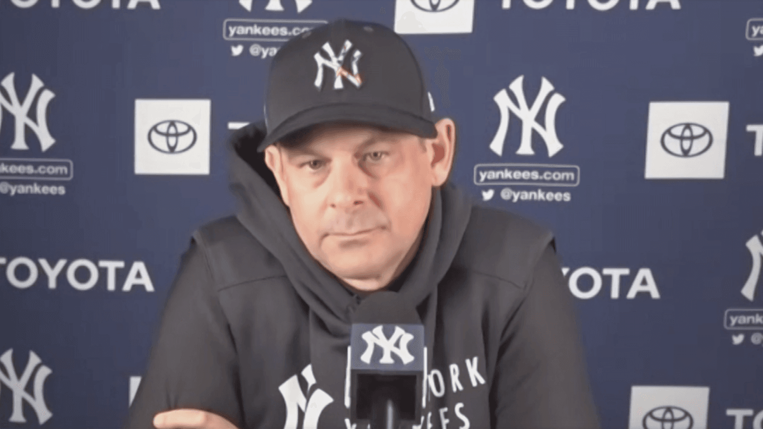Aaron Boone during spring training media session / New York Yankees