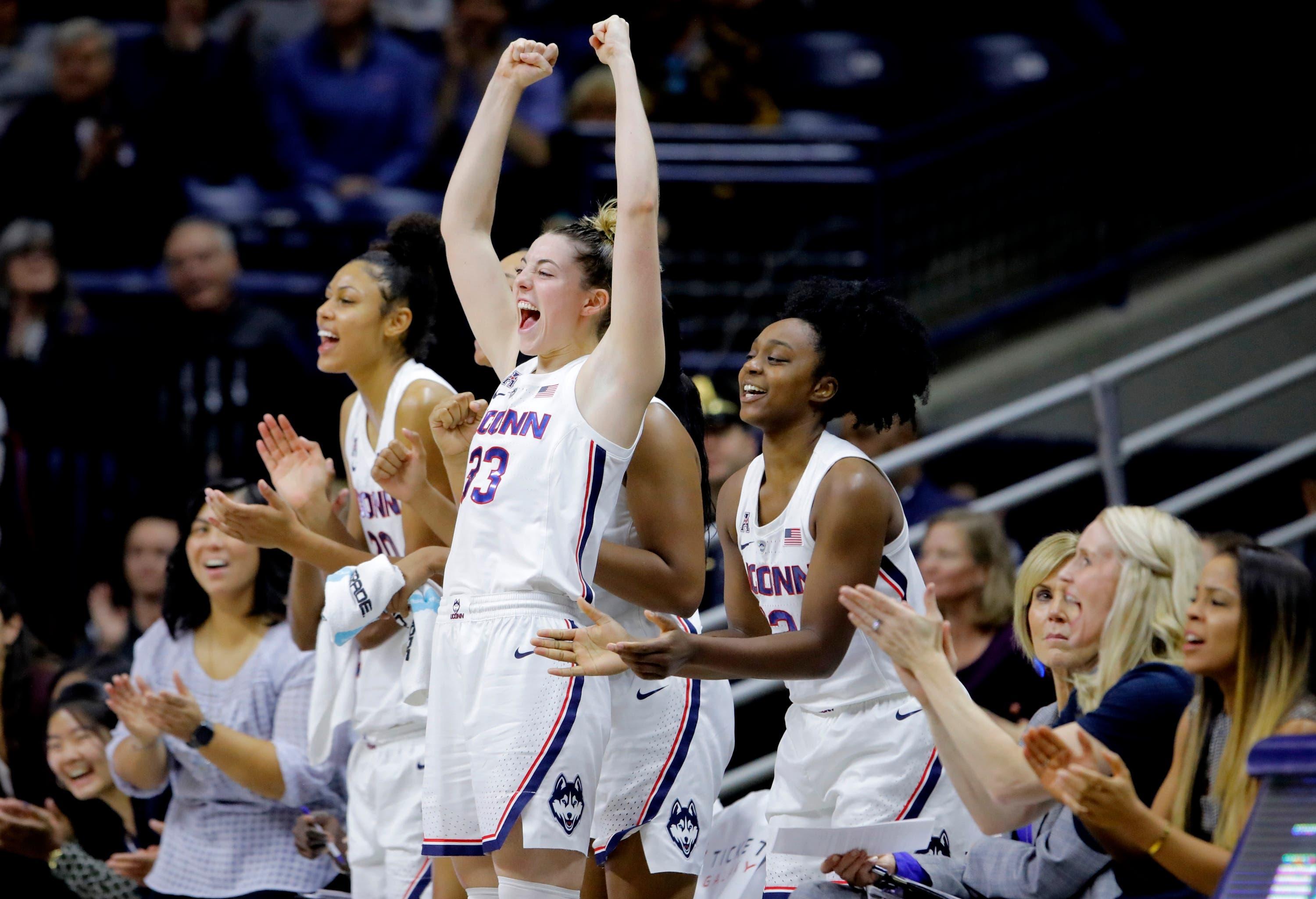 Nov 11, 2018; Hartford, CT, USA; Connecticut Huskies guard/forward Katie Lou Samuelson (33) and teammates react after a basket against the Ohio State Buckeyes in the second half at Gampel Pavilion. UConn defeated Ohio State 85-53. Mandatory Credit: David Butler II-USA TODAY Sports / David Butler II