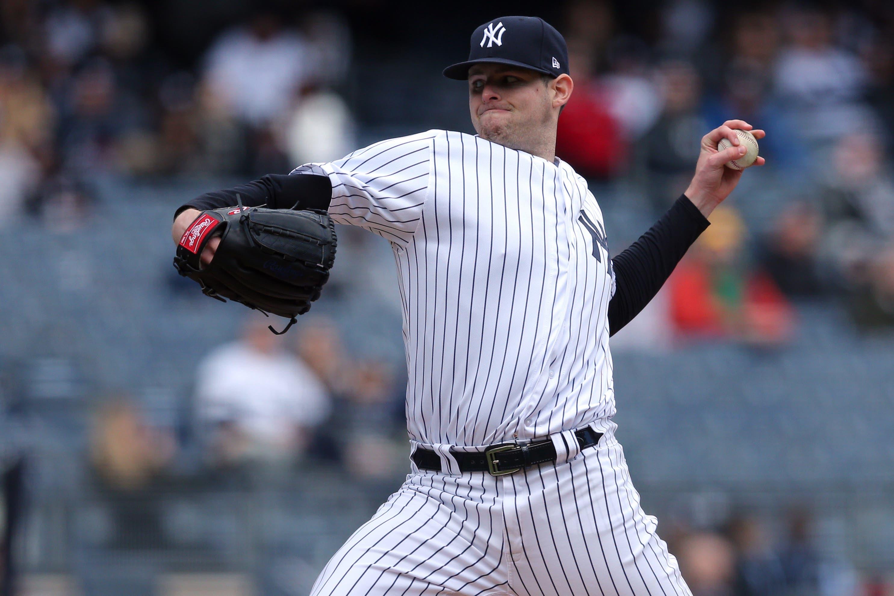 Apr 8, 2018; Bronx, NY, USA; New York Yankees starting pitcher Jordan Montgomery (47) pitches against the Baltimore Orioles during the first inning at Yankee Stadium. Mandatory Credit: Brad Penner-USA TODAY Sports / Brad Penner