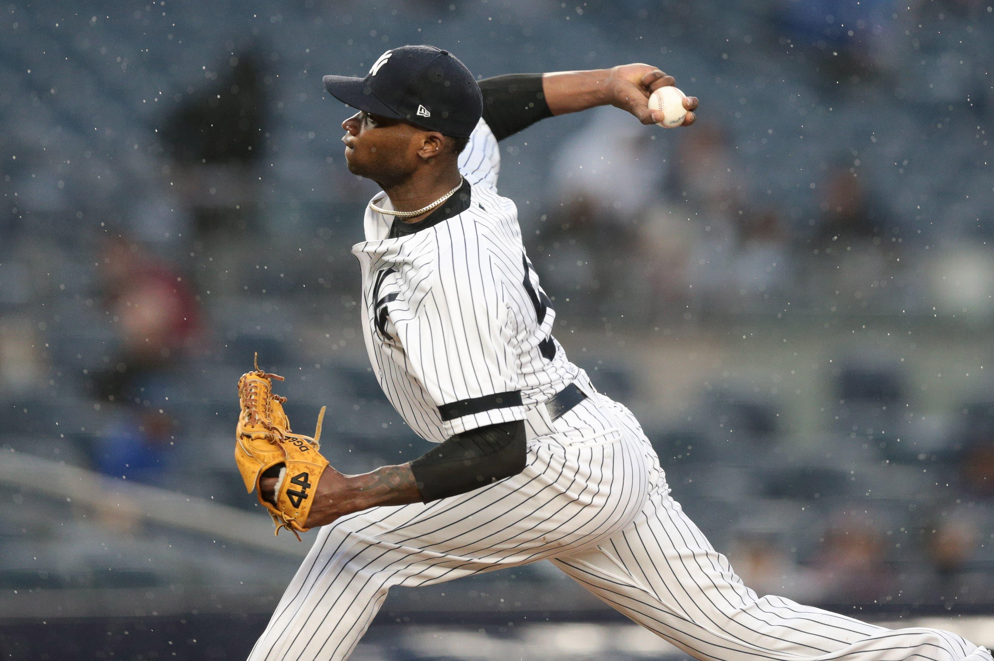 New York Yankees starting pitcher Domingo German during the top of the seventh inning against the Minnesota Twins at Yankee Stadium. / Vincent Carchietta/USA TODAY Sports