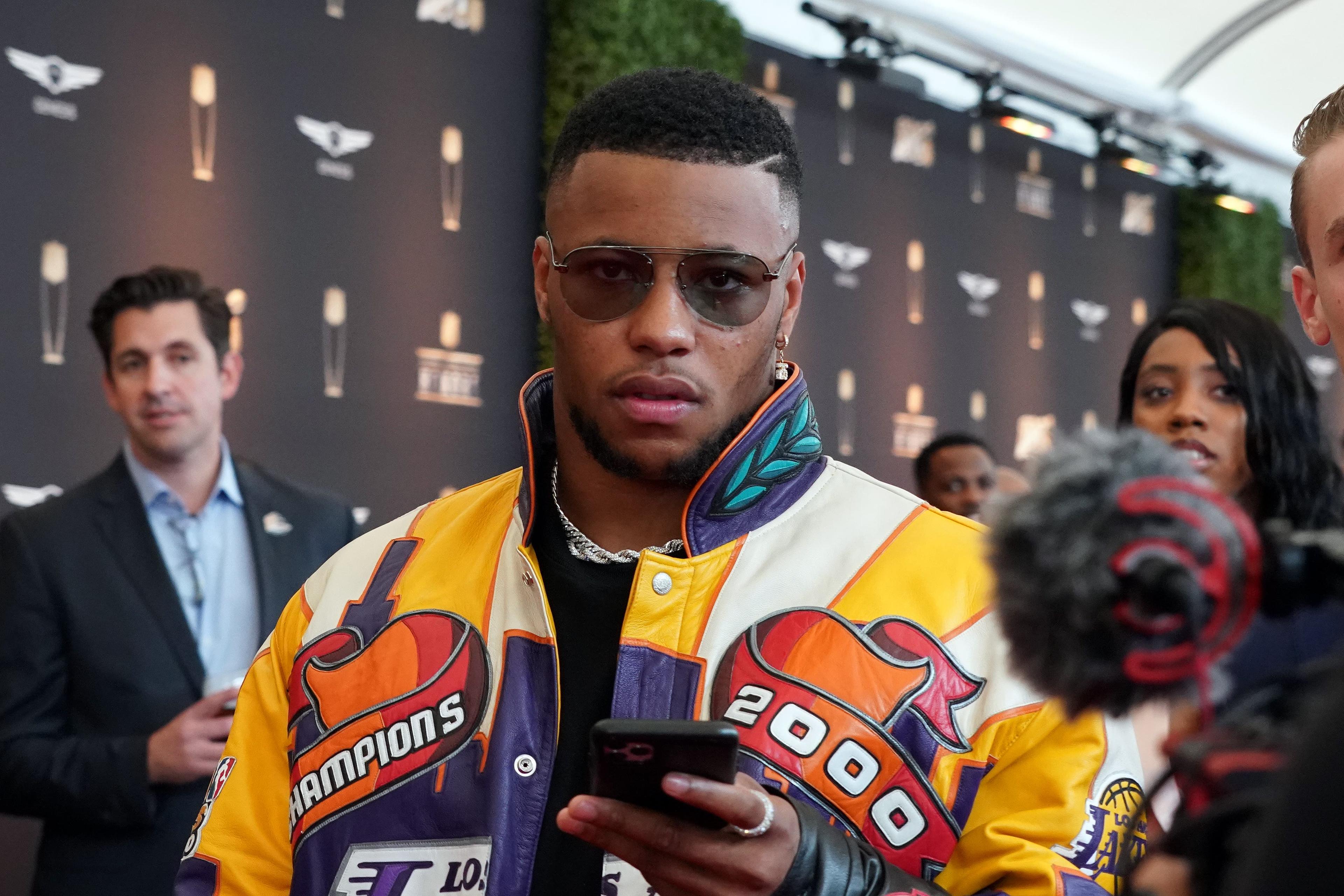 Feb 1, 2020; Miami, Florida, USA; New York Giants Saquon Barkley appears on the red carpet prior to the NFL Honors awards presentation at Adrienne Arsht Center. Mandatory Credit: Kirby Lee-USA TODAY Sports / Kirby Lee