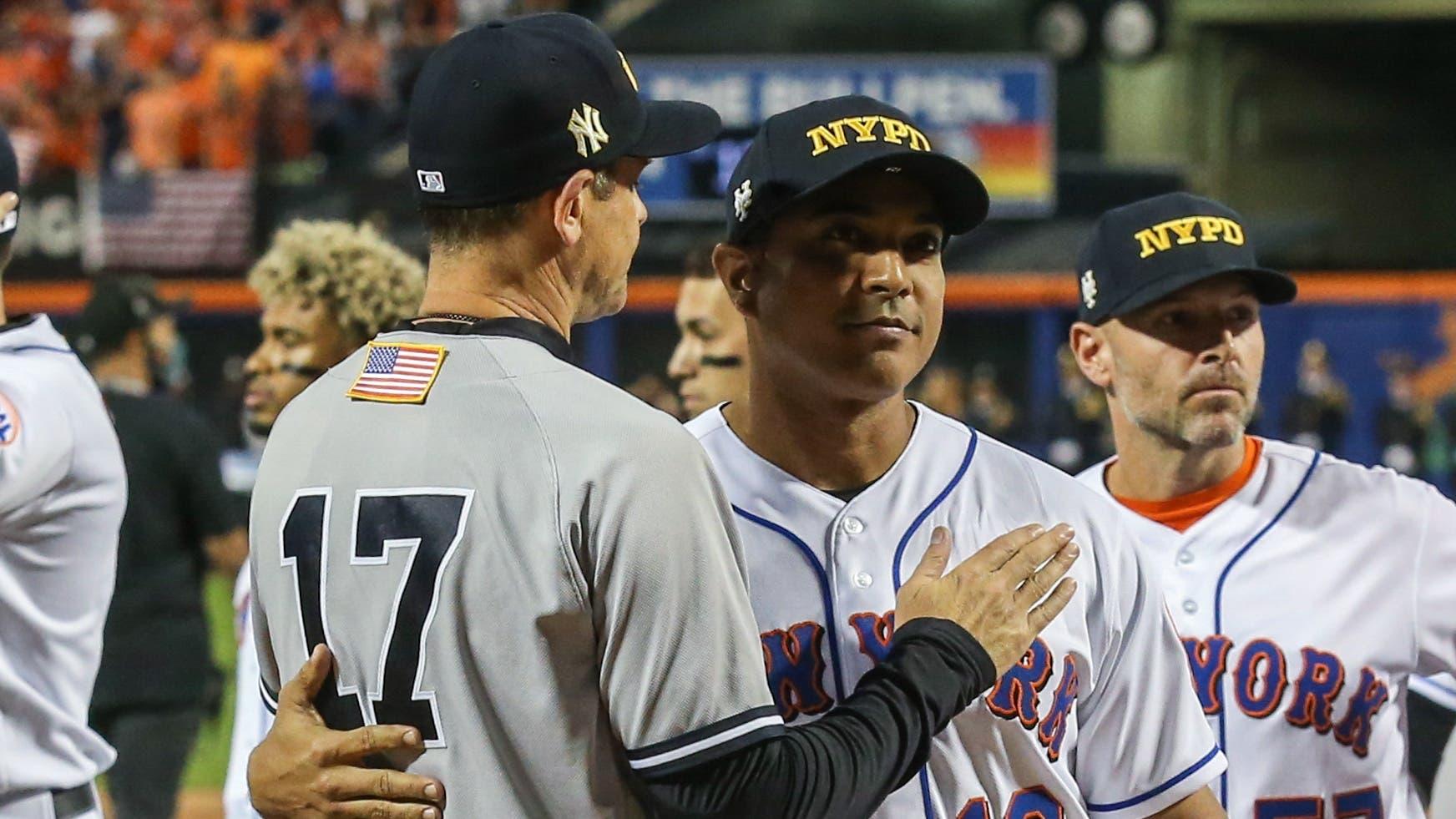 Sep 11, 2021; New York City, New York, USA; New York Yankees manager Aaron Boone (17) and New York Mets manager Luis Rojas (19) at Citi Field. Mandatory Credit: Wendell Cruz-USA TODAY Sports / © Wendell Cruz-USA TODAY Sports