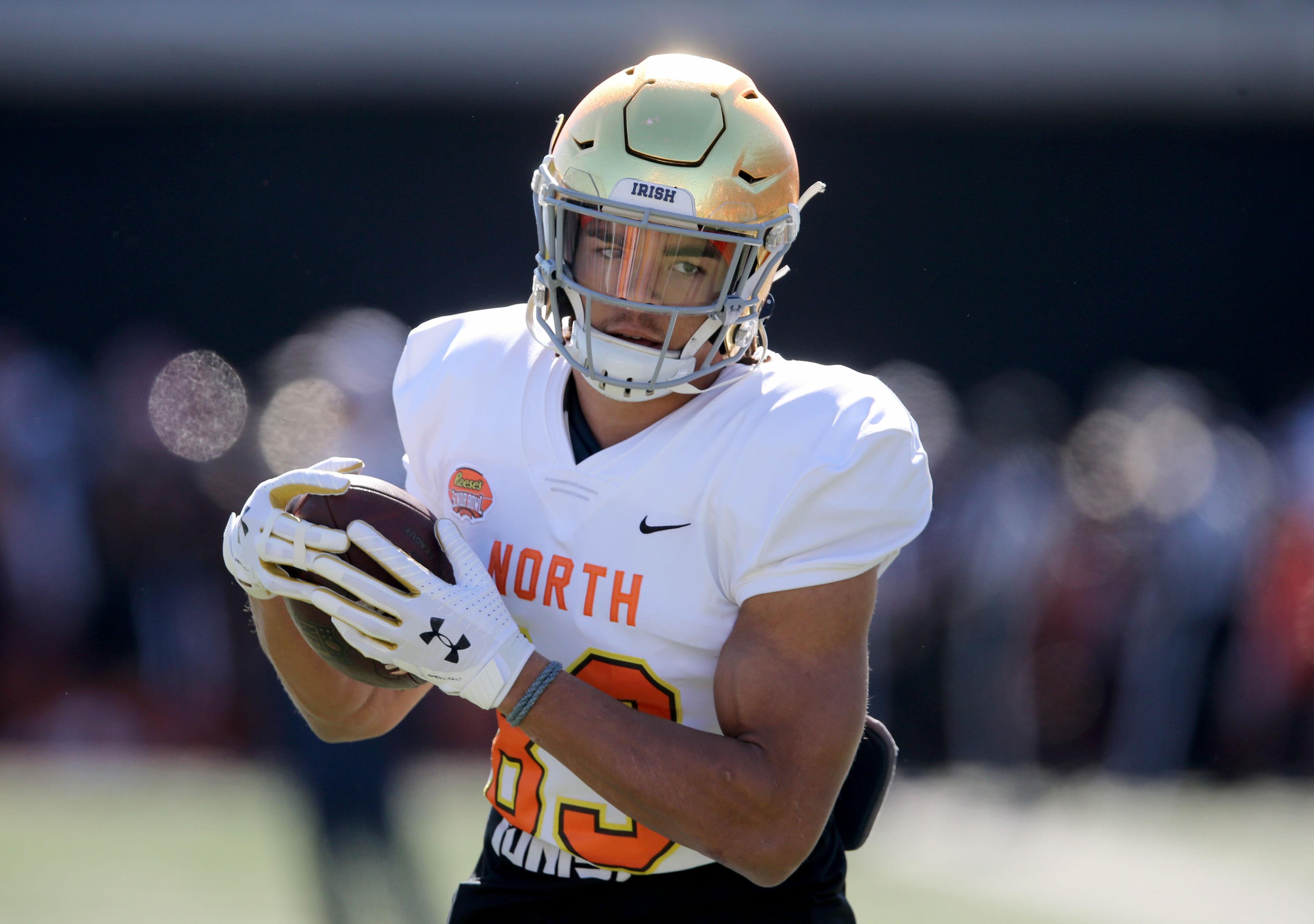 Jan 25, 2020; Mobile, AL, USA; North wide receiver Chase Claypool of Notre Dame (83) warms upbefore the 2020 Senior Bowl college football game at Ladd-Peebles Stadium. Mandatory Credit: Chuck Cook-USA TODAY Sports / Chuck Cook