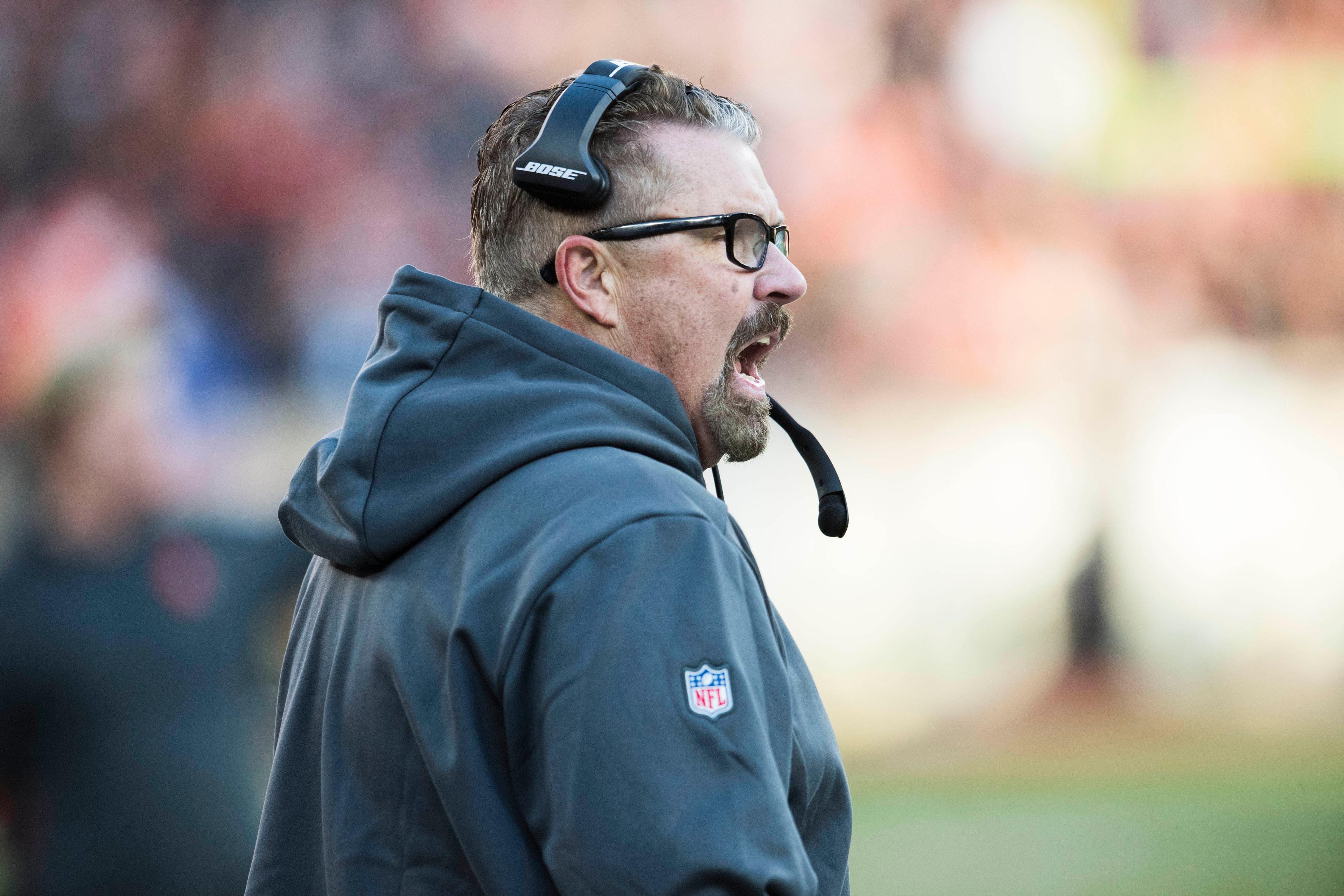 Dec 9, 2018; Cleveland, OH, USA; Cleveland Browns head coach Gregg Williams reacts during the second half against the Carolina Panthers at FirstEnergy Stadium. Mandatory Credit: Ken Blaze-USA TODAY Sports / Ken Blaze