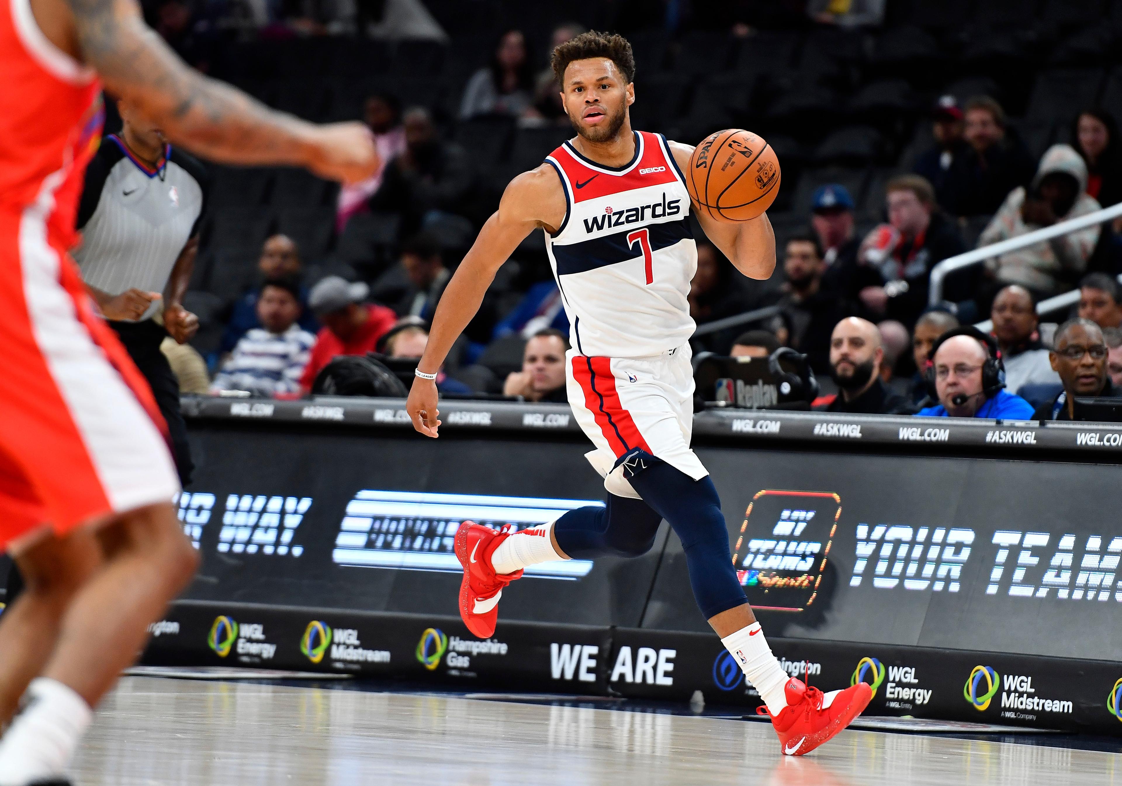 Oct 9, 2019; Washington, DC, USA; Washington Wizards forward Justin Anderson (7) dribbles the ball against the Guangzhou Loong-Lions during the second half at Capital One Arena. Mandatory Credit: Brad Mills-USA TODAY Sports