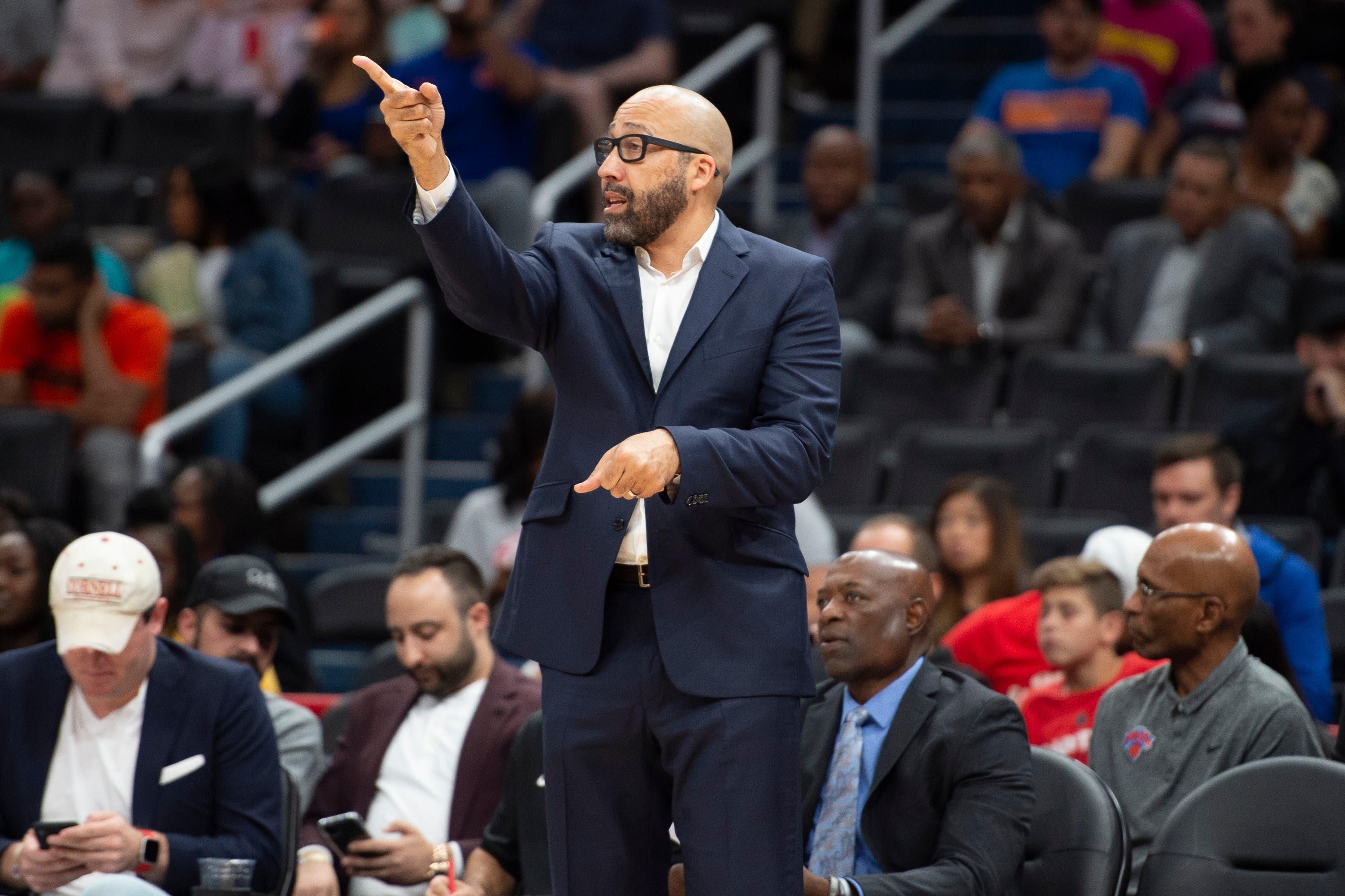 Oct 7, 2019; Washington, DC, USA; New York Knicks head coach David Fizdale looks onto the court during the first half against the Washington Wizards at Capital One Arena. Mandatory Credit: Tommy Gilligan-USA TODAY Sports / Tommy Gilligan