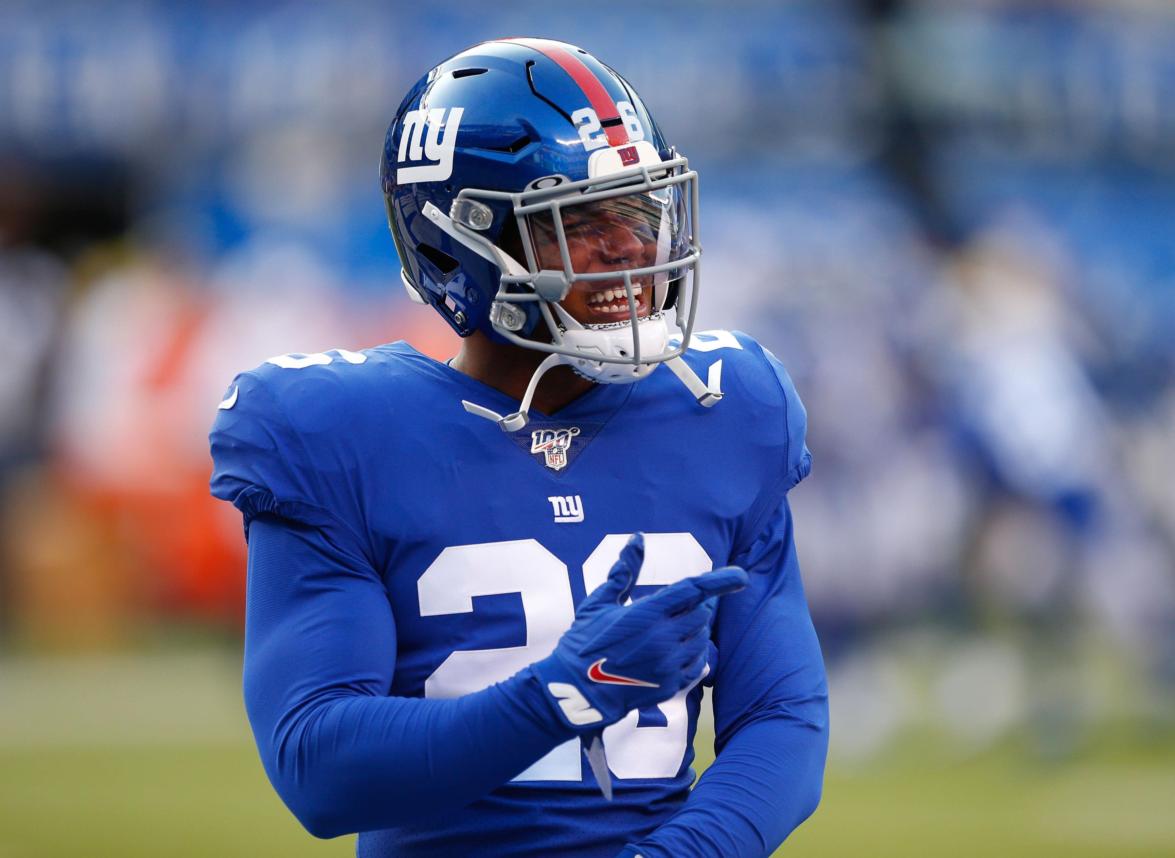 Aug 16, 2019; East Rutherford, NJ, USA; New York Giants running back Saquon Barkley (26) during warm up before NFL game against the Chicago Bears at MetLife Stadium. Mandatory Credit: Noah K. Murray-USA TODAY Sports / Noah K. Murray