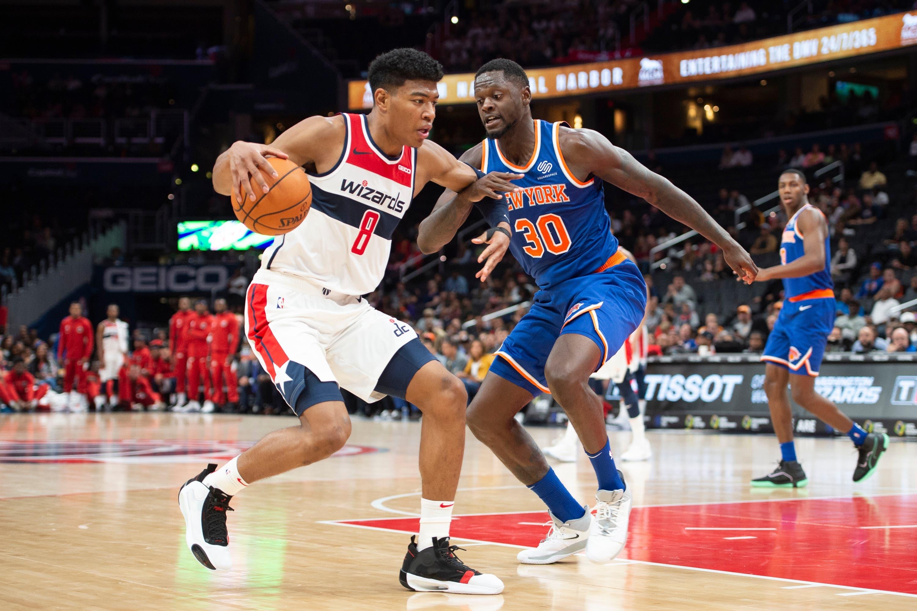 Oct 7, 2019; Washington, DC, USA; Washington Wizards forward Rui Hachimura (8) dribbles as New York Knicks center Julius Randle (30)] defends during the second half at Capital One Arena. Mandatory Credit: Tommy Gilligan-USA TODAY Sports / Tommy Gilligan