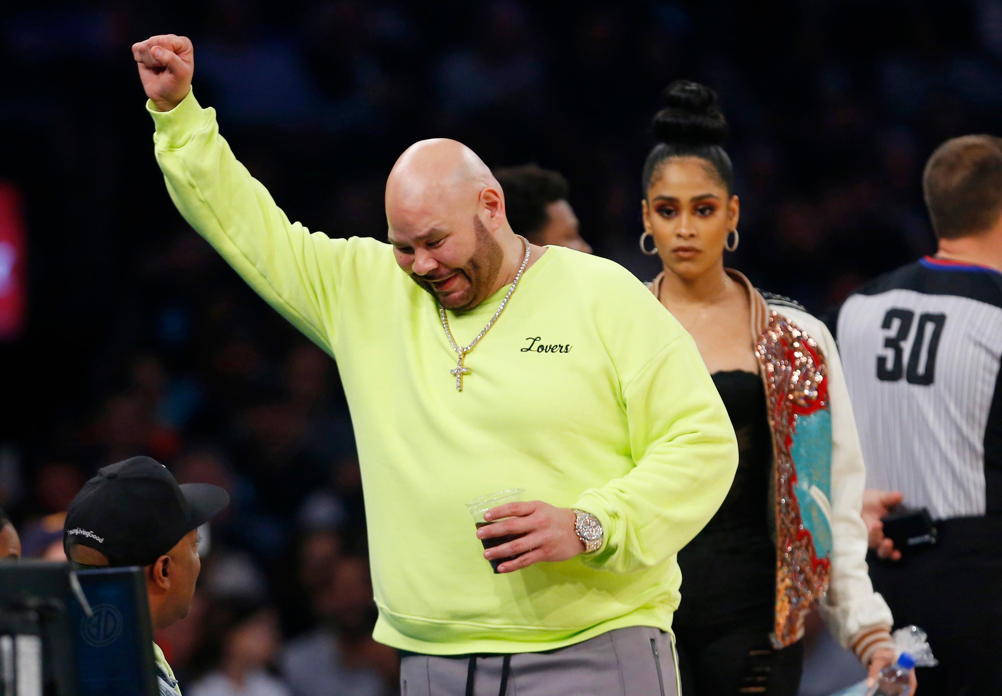 Mar 28, 2019; New York, NY, USA; Rap artist â€Fat Joe" reacts during the second half of a game between the New York Knicks and Toronto Raptors at Madison Square Garden. Mandatory Credit: Noah K. Murray-USA TODAY Sports