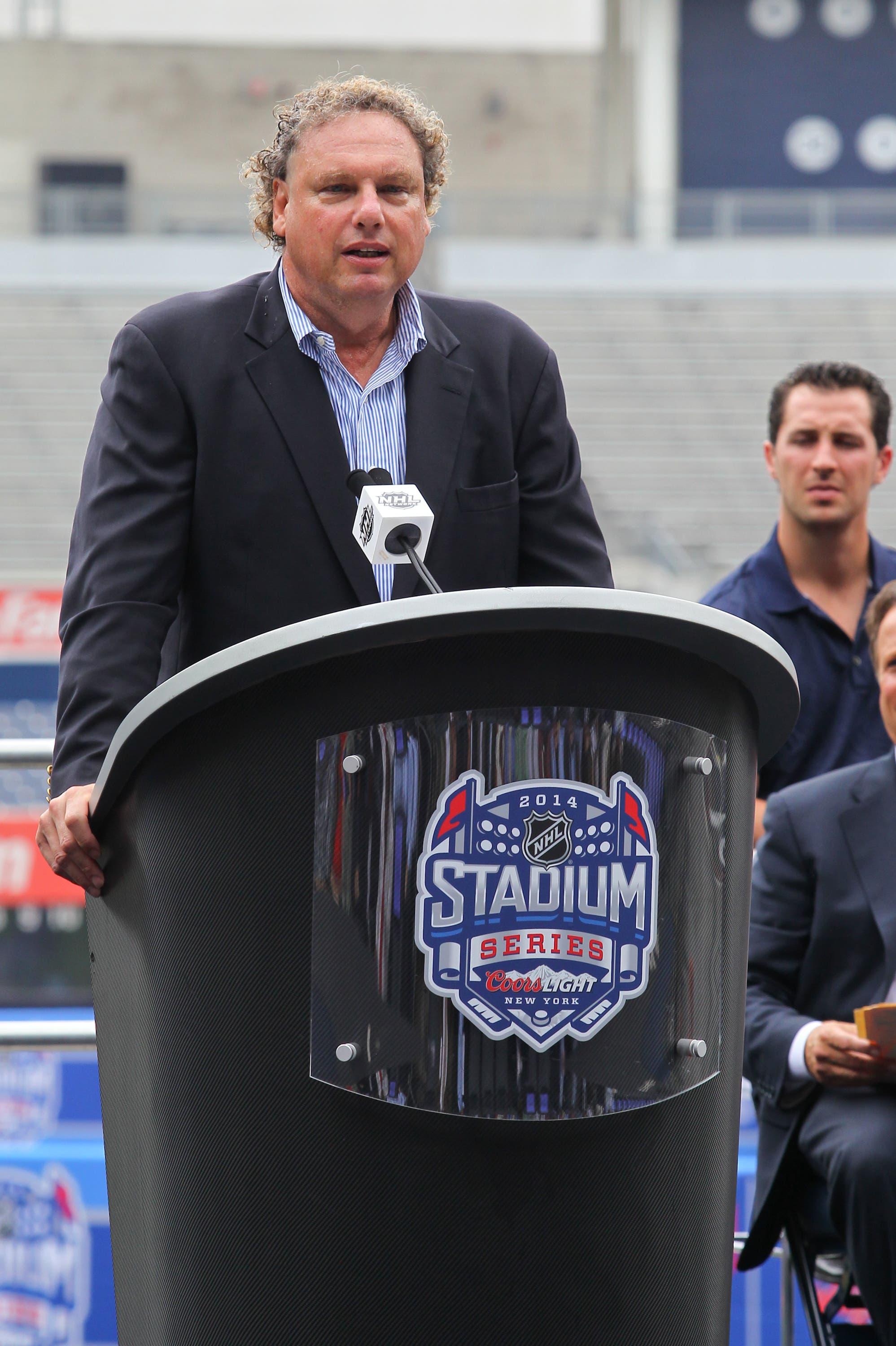 New York Yankees president Randy Levine speaks at a press conference at Yankee Stadium. / Ed Mulholland/USA Today Sports Images