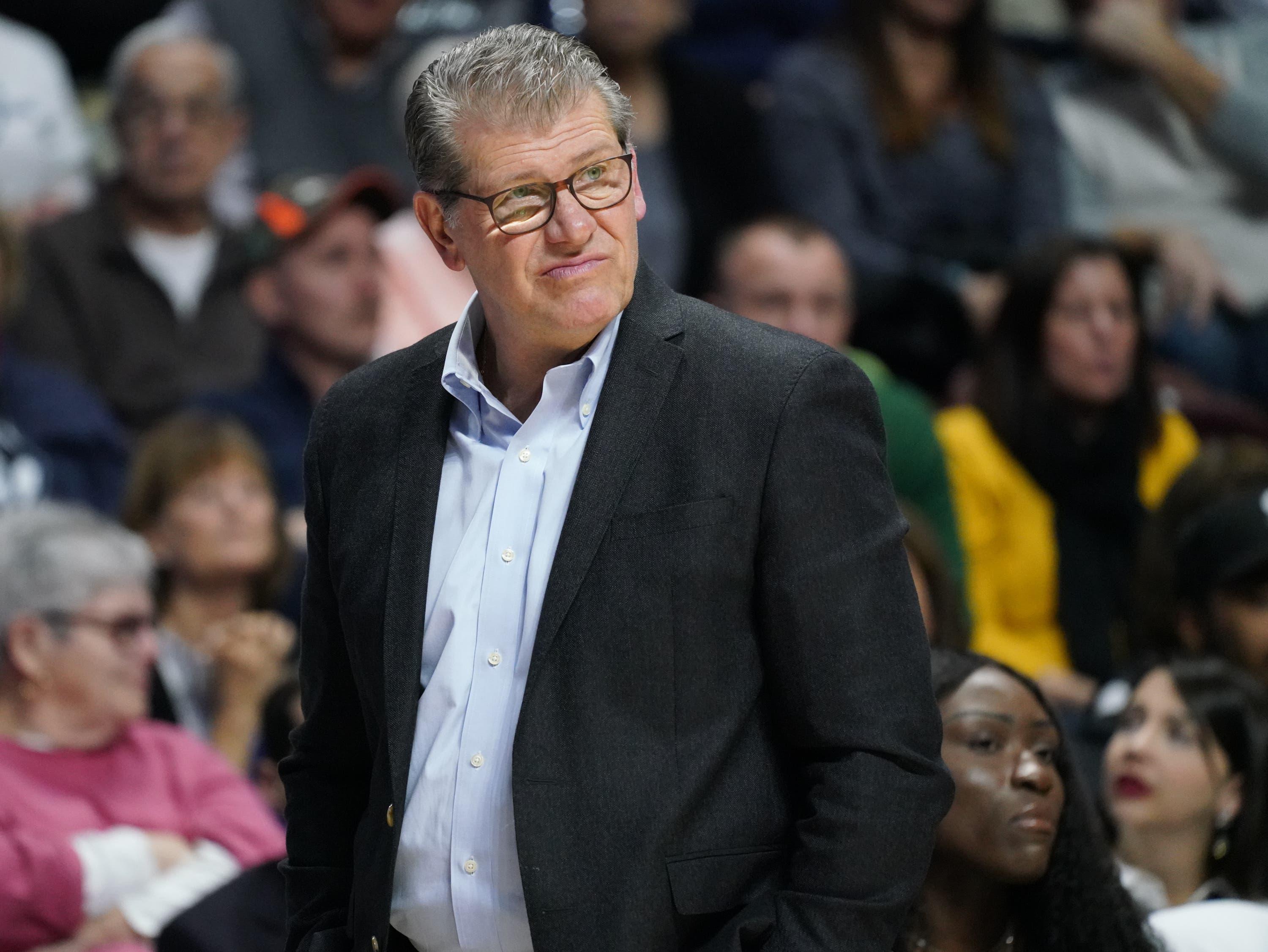 Mar 8, 2020; Uncasville, CT, USA; UConn Huskies head coach Geno Auriemma watches from the sideline as they take on the South Florida Bulls in the second half of the American Conference Championship Semifinals at Mohegan Sun Arena. Mandatory Credit: David Butler II-USA TODAY Sportsundefined