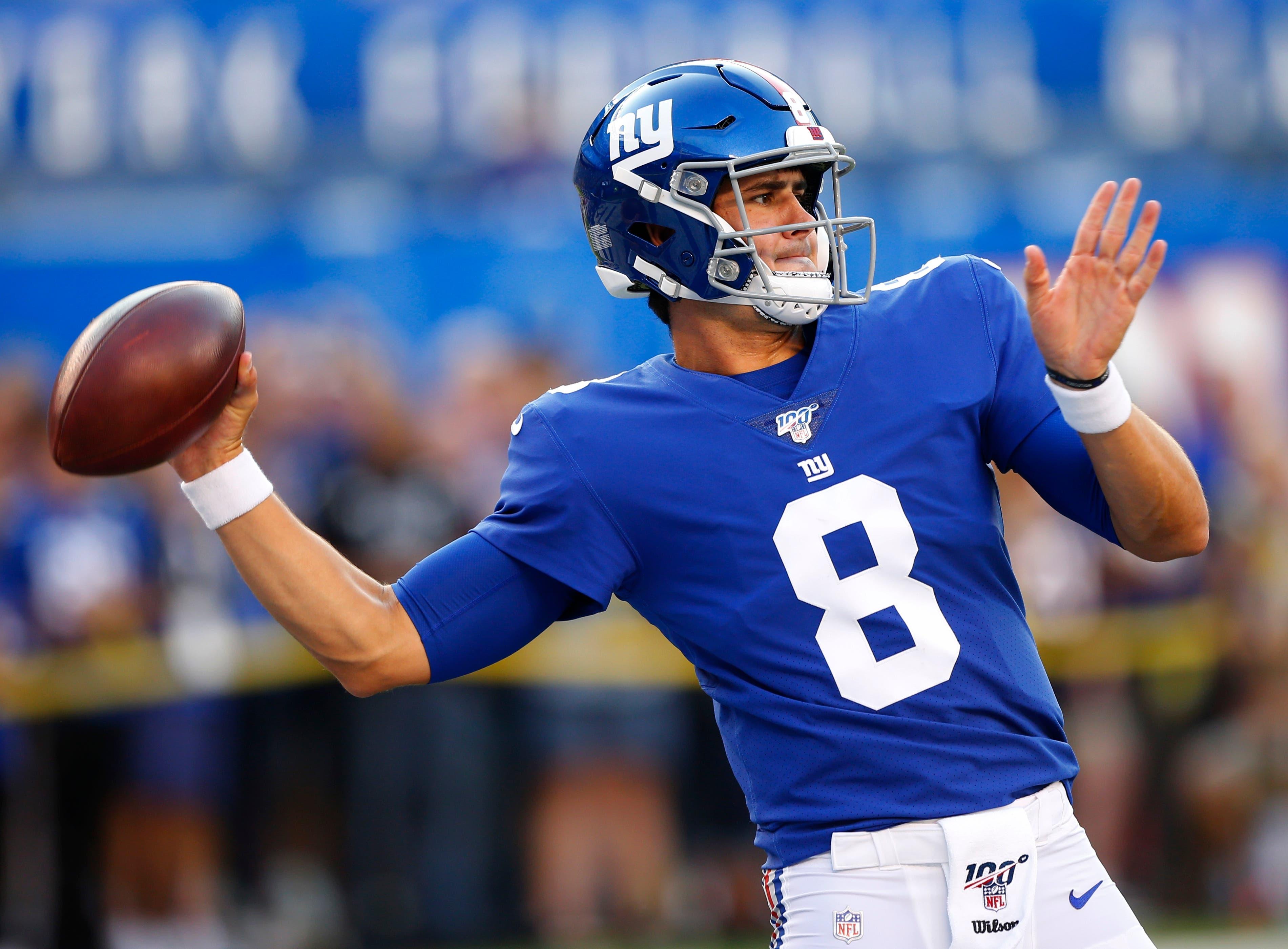 Aug 16, 2019; East Rutherford, NJ, USA; New York Giants quarterback Daniel Jones (8) throws a pass during warm up before NFL game against the Chicago Bears at MetLife Stadium. Mandatory Credit: Noah K. Murray-USA TODAY Sports / Noah K. Murray