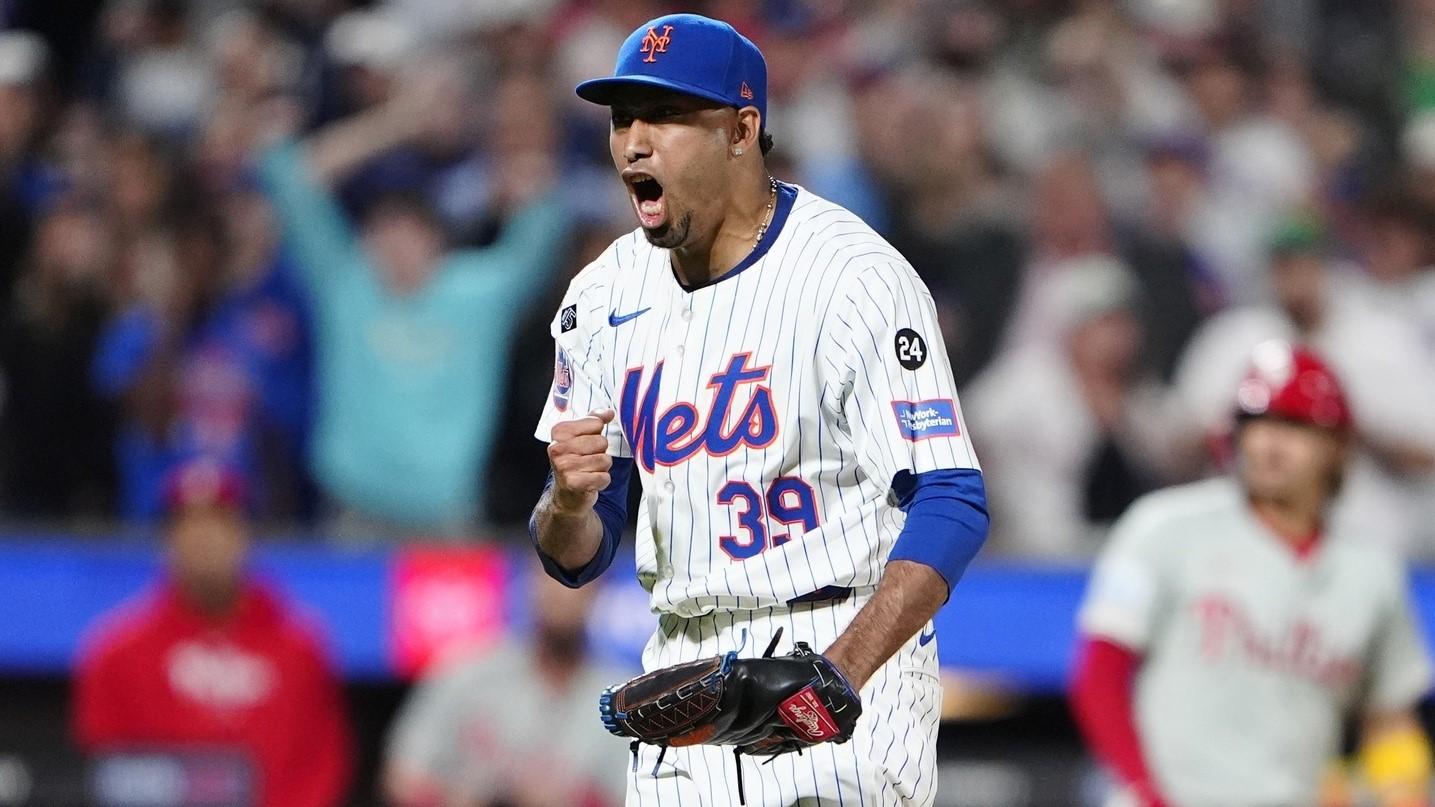 Sep 22, 2024; New York City, New York, USA; New York Mets pitcher Edwin Diaz (39) reacts to getting the final out of the game against the Philadelphia Phillies at Citi Field. 