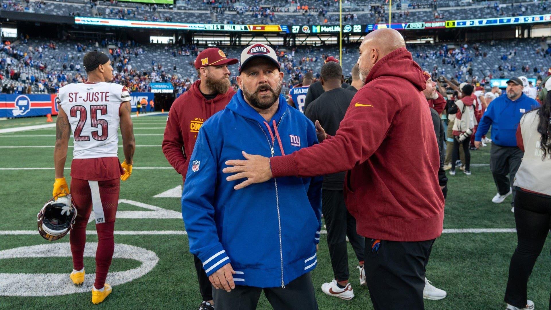 New York Giants head coach Brian Daboll shakes hands with Washington Commanders coaches after a game between the New York Giants and the Washington Commanders at MetLife Stadium in East Rutherford on Sunday, Nov. 3, 2024.