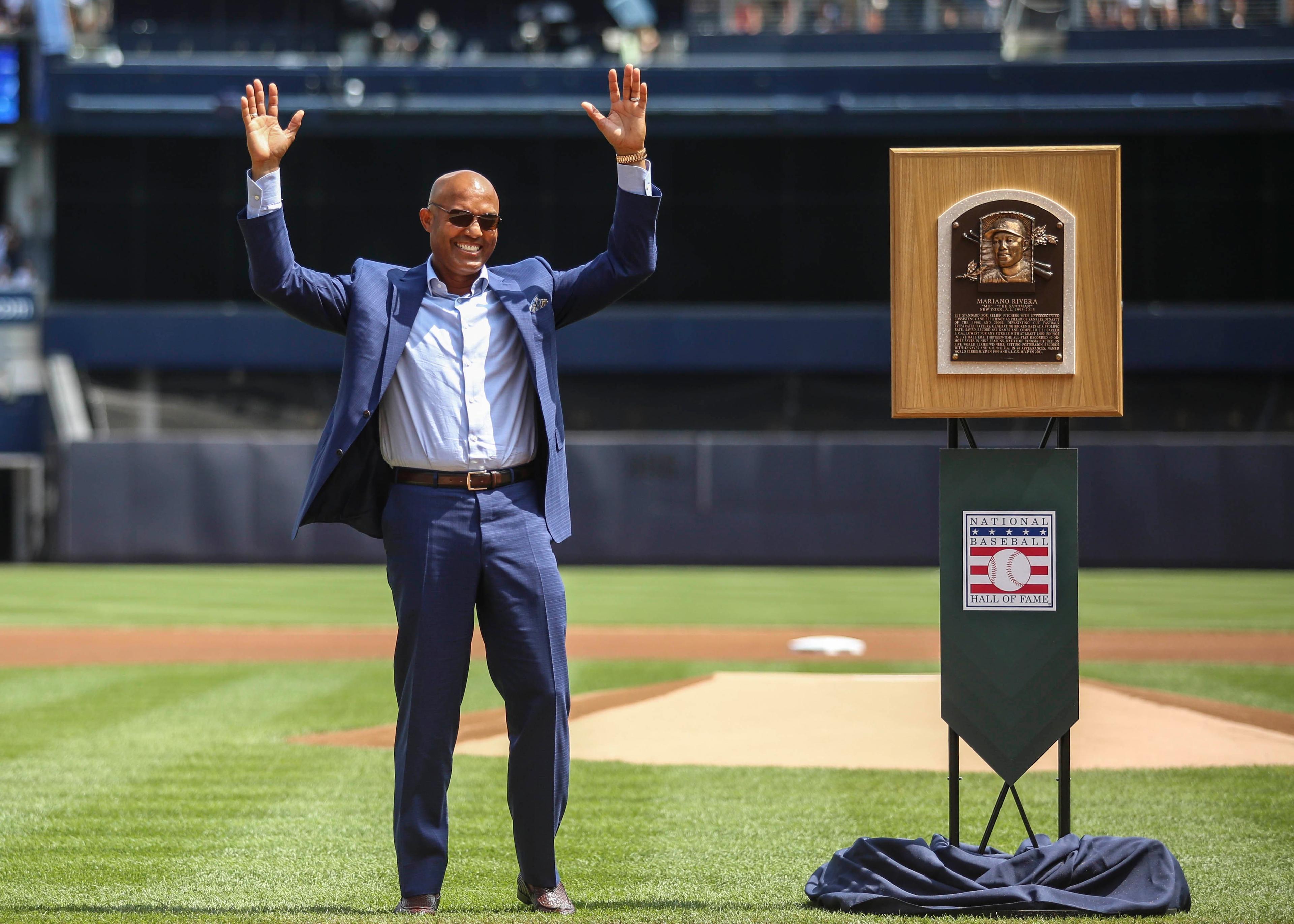 Aug 17, 2019; Bronx, NY, USA; Former New York Yankees pitcher Mariano Rivera is honored for his Hall of Fame induction prior to the game against the Cleveland Indians at Yankee Stadium. Mandatory Credit: Wendell Cruz-USA TODAY Sports / Wendell Cruz