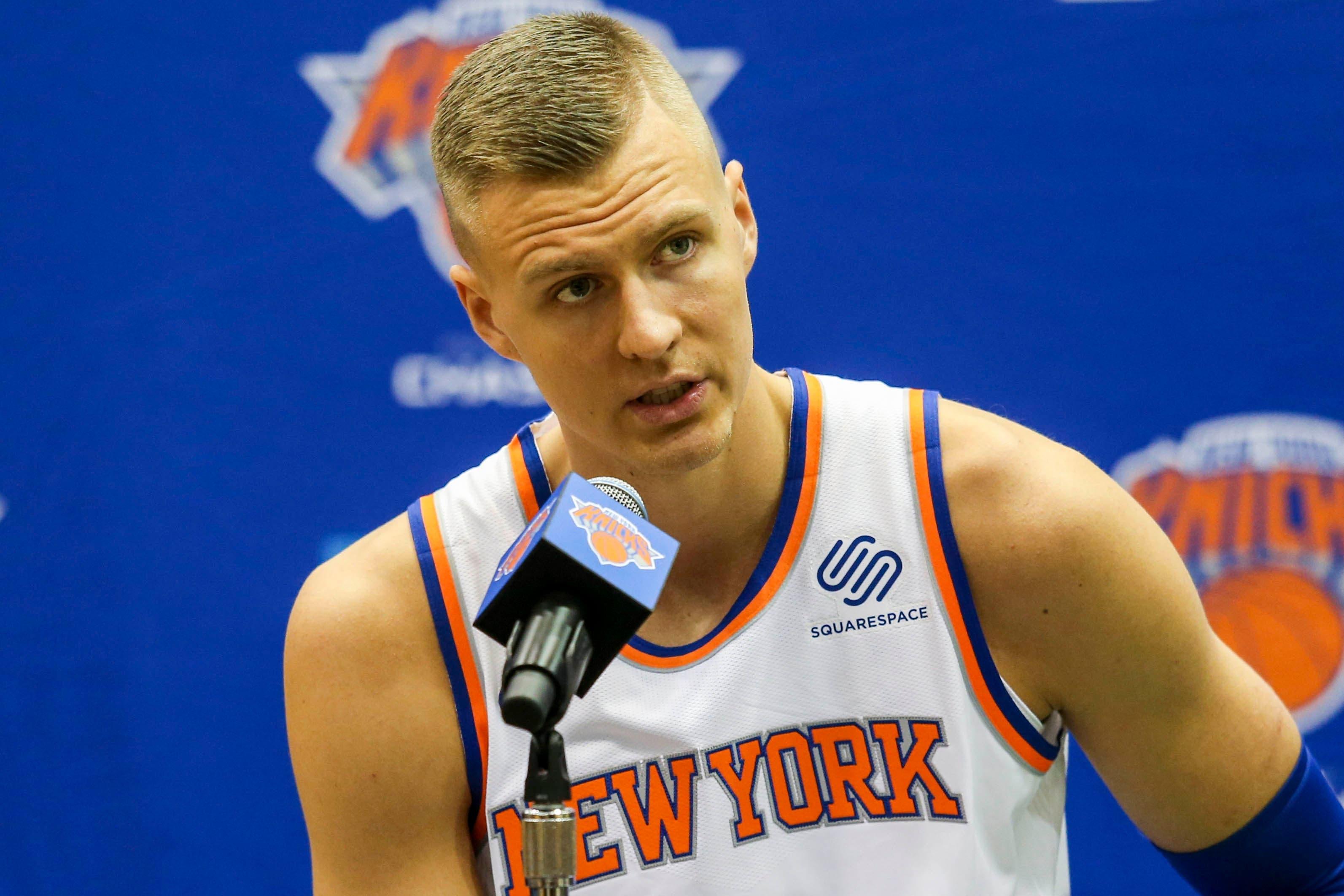 Sep 24, 2018; New York Knicks forward/center Kristaps Porzingis (6) addresses the media at Knicks Media Day, Greenburgh, NY, USA; [CAPTION] at MSG training facility. Mandatory Credit: Wendell Cruz-USA TODAY Sports / Wendell Cruz