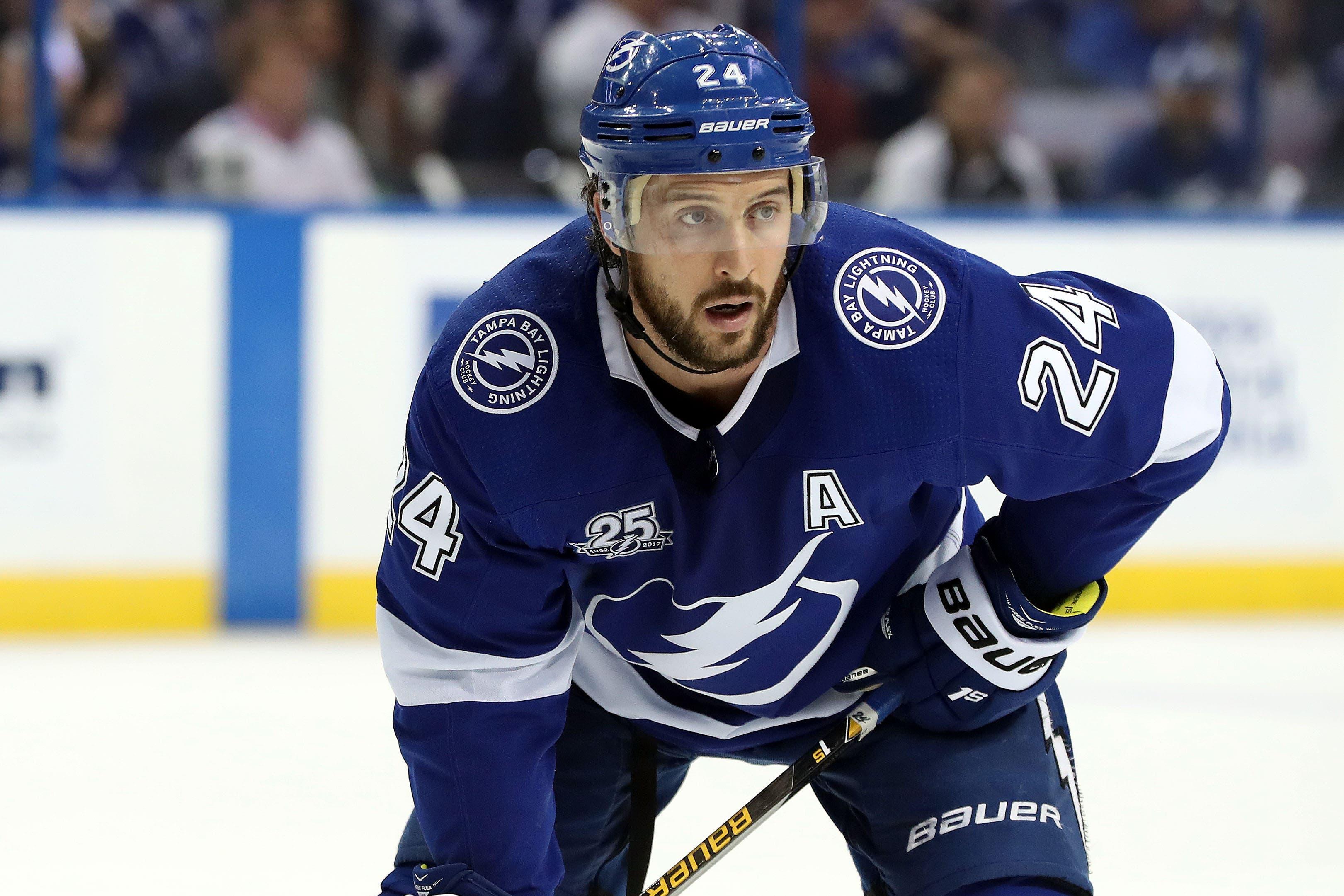 May 19, 2018; Tampa, FL, USA; Tampa Bay Lightning right wing Ryan Callahan (24) during the first period in game five of the Eastern Conference Final in the 2018 Stanley Cup Playoffs at Amalie Arena. Mandatory Credit: Kim Klement-USA TODAY Sports / Kim Klement