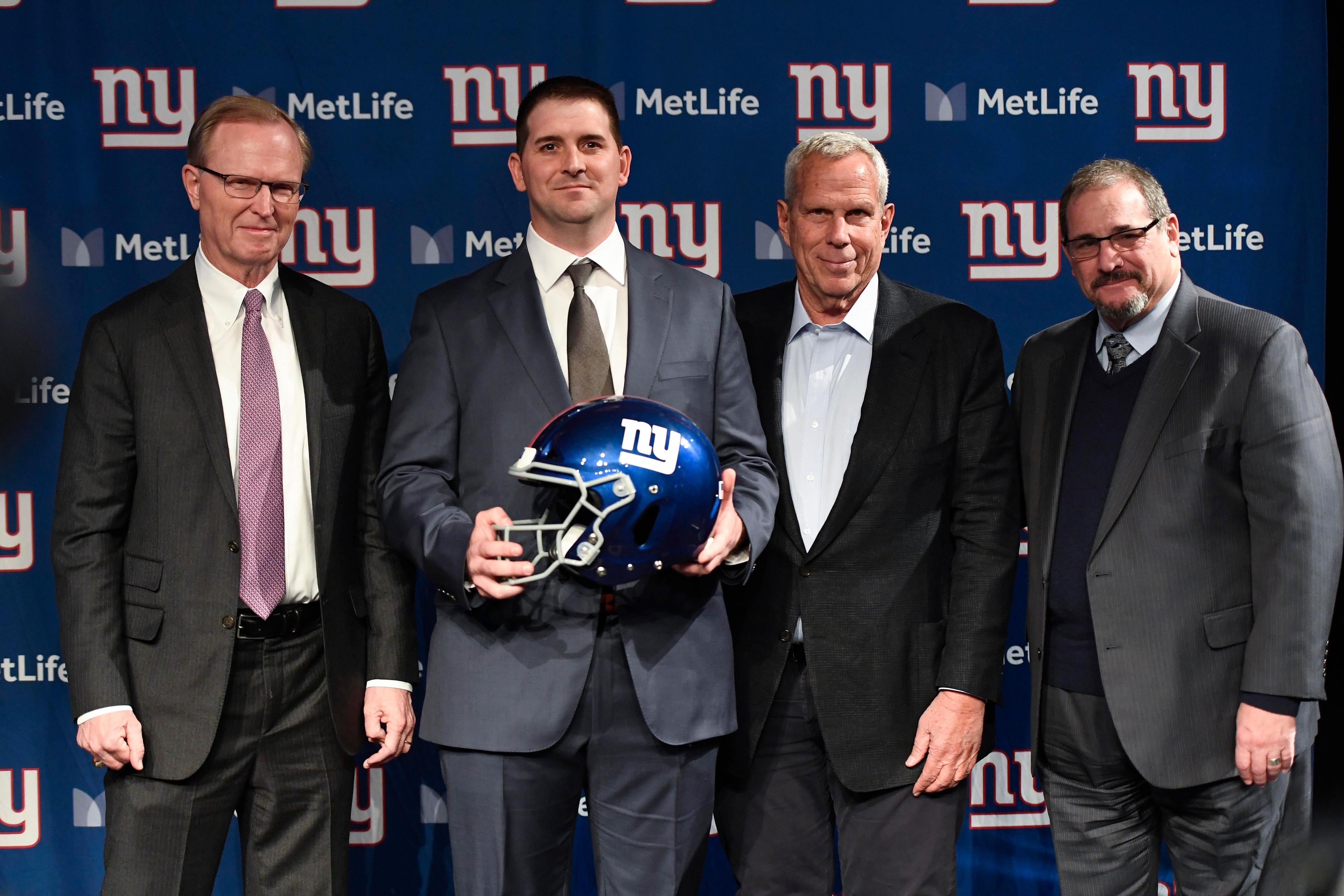 Jan 9, 2020; East Rutherford, New Jersey, USA; (from left) New York Giants CEO John Mara, new head coach Joe Judge, co-owner Steve Tisch, and general manager Dave Gettleman pose for photos at MetLife Stadium. Mandatory Credit: Danielle Parhizkaran-USA TODAY Sports