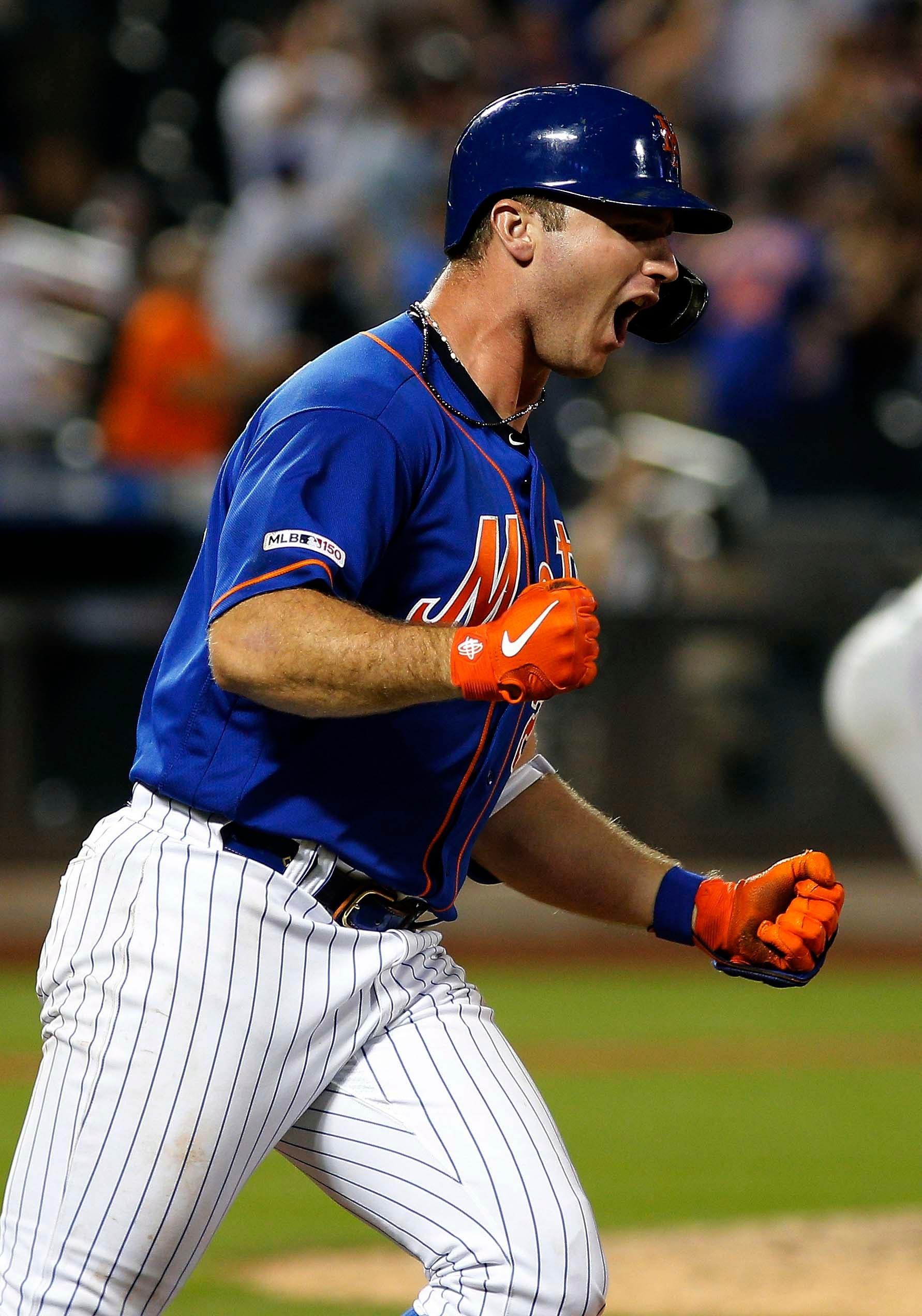 Aug 5, 2019; New York City, NY, USA; New York Mets first baseman Pete Alonso (20) reacts after hitting a solo home run against the Miami Marlins during the seventh inning of game two of a doubleheader at Citi Field. Mandatory Credit: Andy Marlin-USA TODAY Sports / Andy Marlin