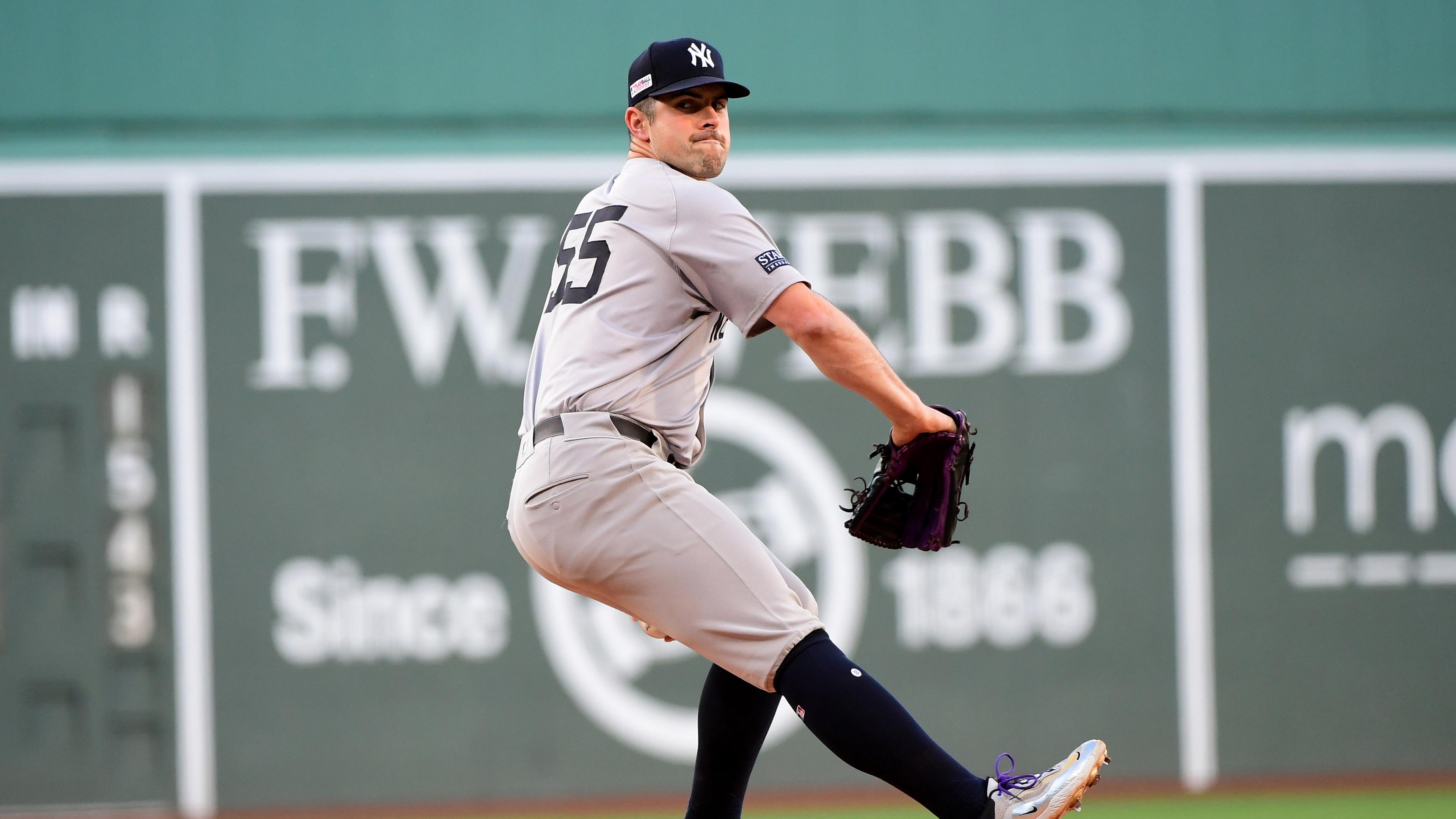 New York Yankees starting pitcher Carlos Rodon (55) pitches during the first inning against the Boston Red Sox at Fenway Park. / Bob DeChiara-USA TODAY Sports