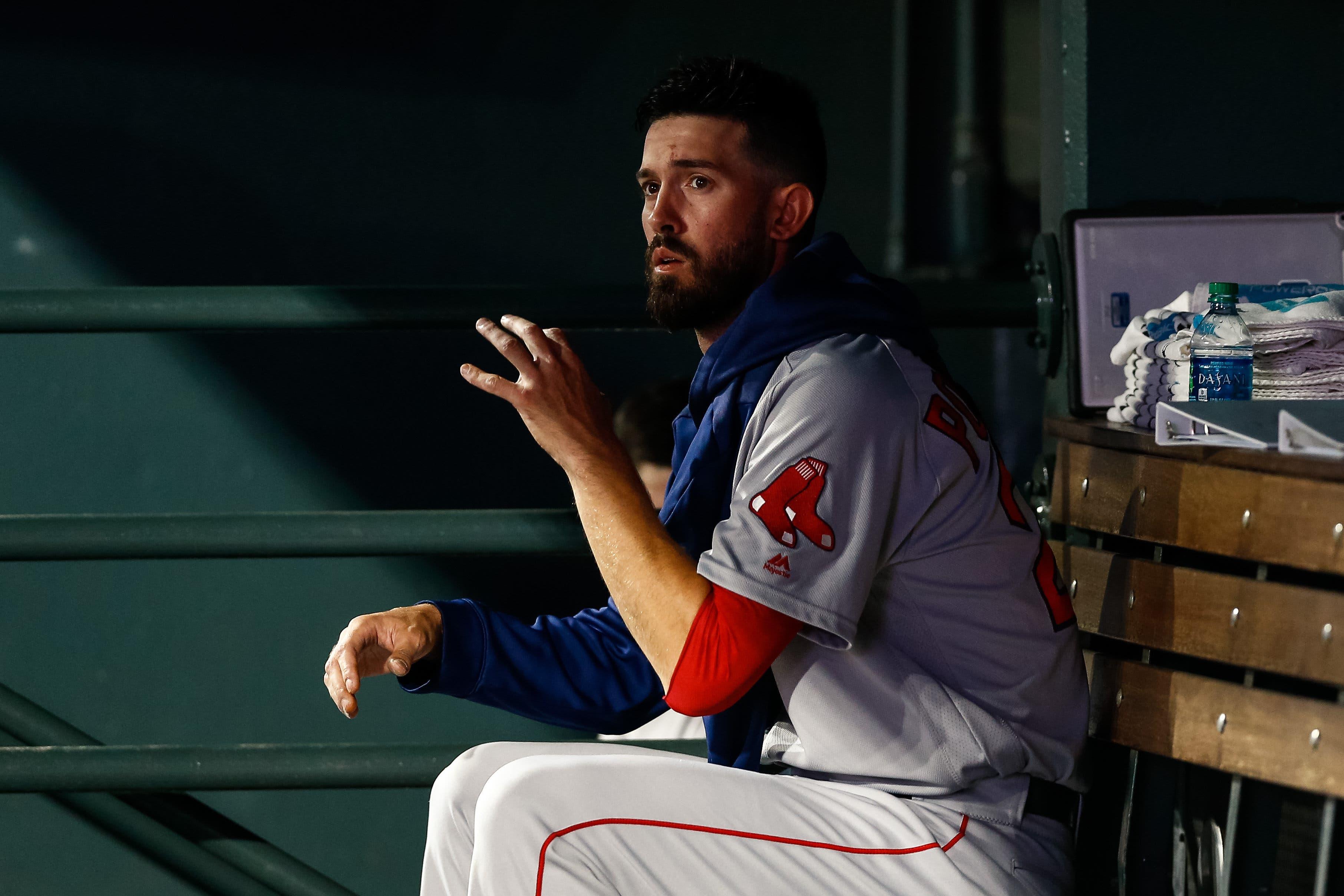 Aug 27, 2019; Denver, CO, USA; Boston Red Sox starting pitcher Rick Porcello (22) in the dugout in the fifth inning against the Colorado Rockies at Coors Field. Mandatory Credit: Isaiah J. Downing-USA TODAY Sports / Isaiah J. Downing