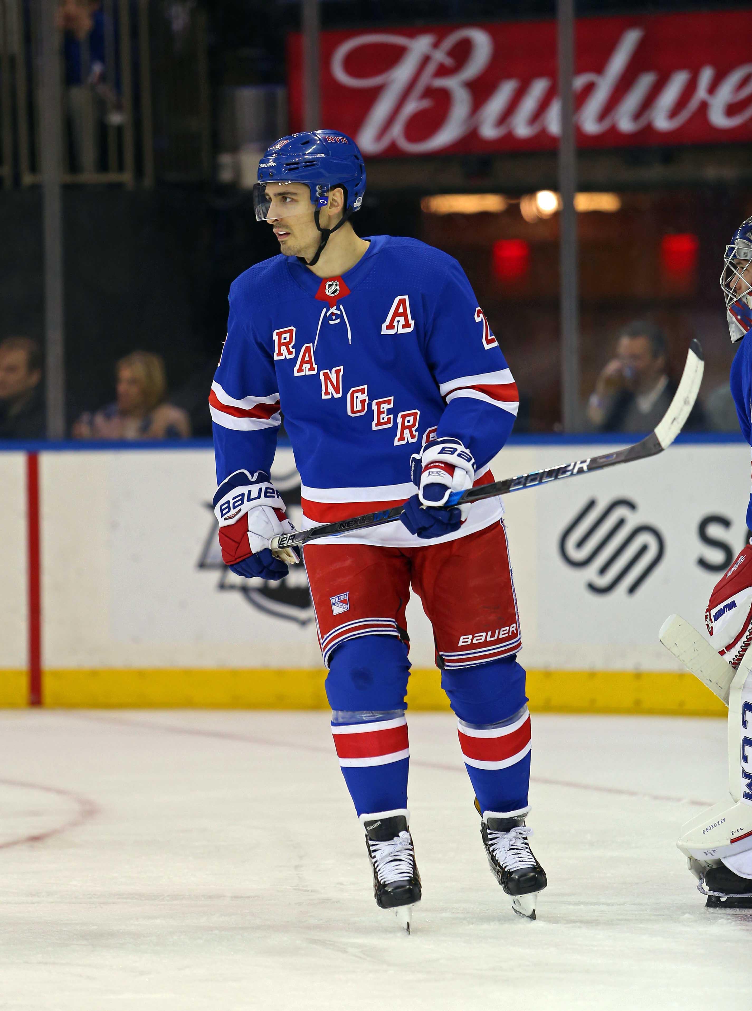 Mar 24, 2018; New York, NY, USA; New York Rangers left wing Chris Kreider (20) skates against the Buffalo Sabres during the first period at Madison Square Garden. Mandatory Credit: Danny Wild-USA TODAY Sports / Danny Wild