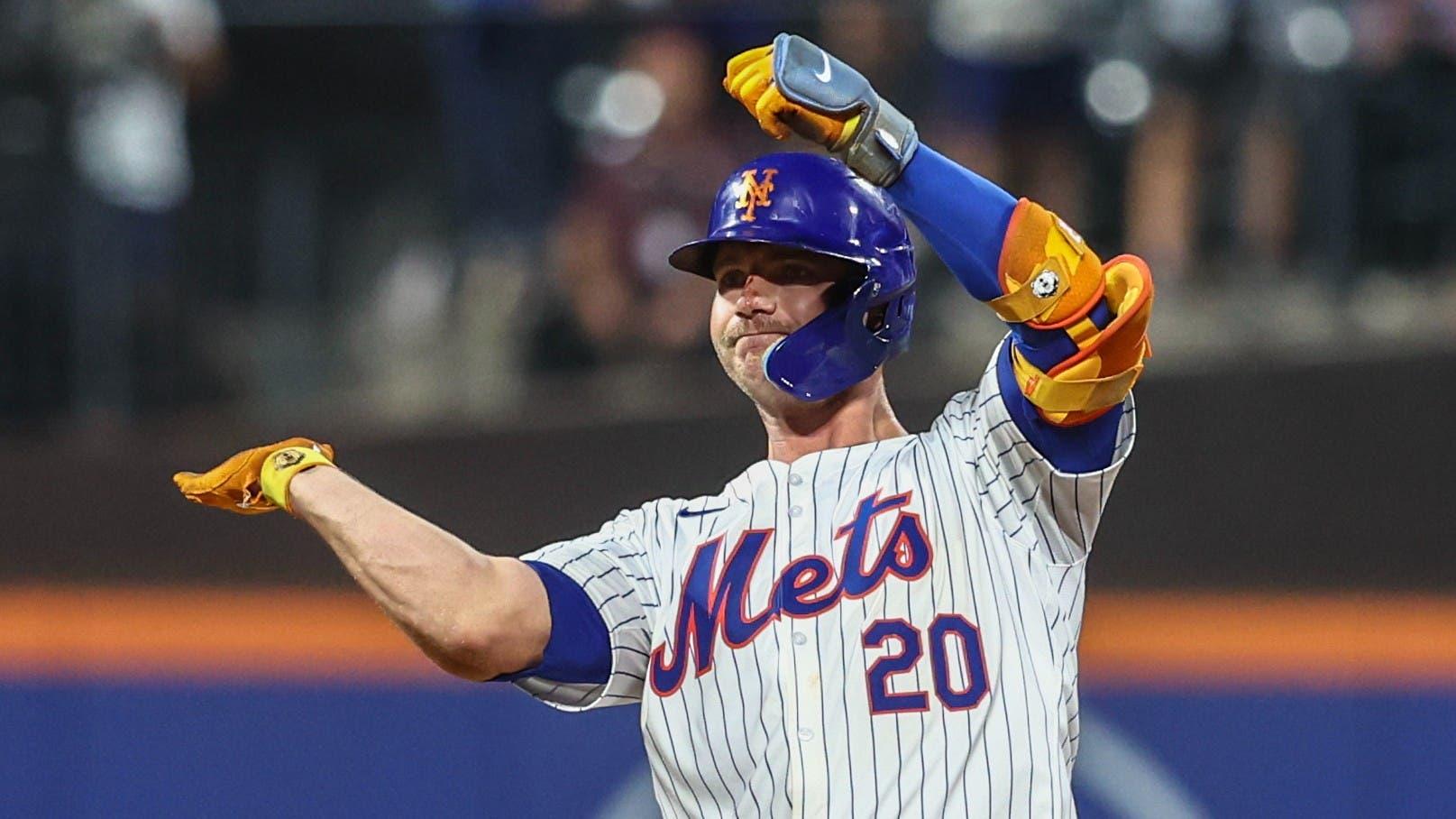 New York Mets first baseman Pete Alonso (20) celebrates after hitting a two run double in the seventh inning against the Oakland Athletics at Citi Field.