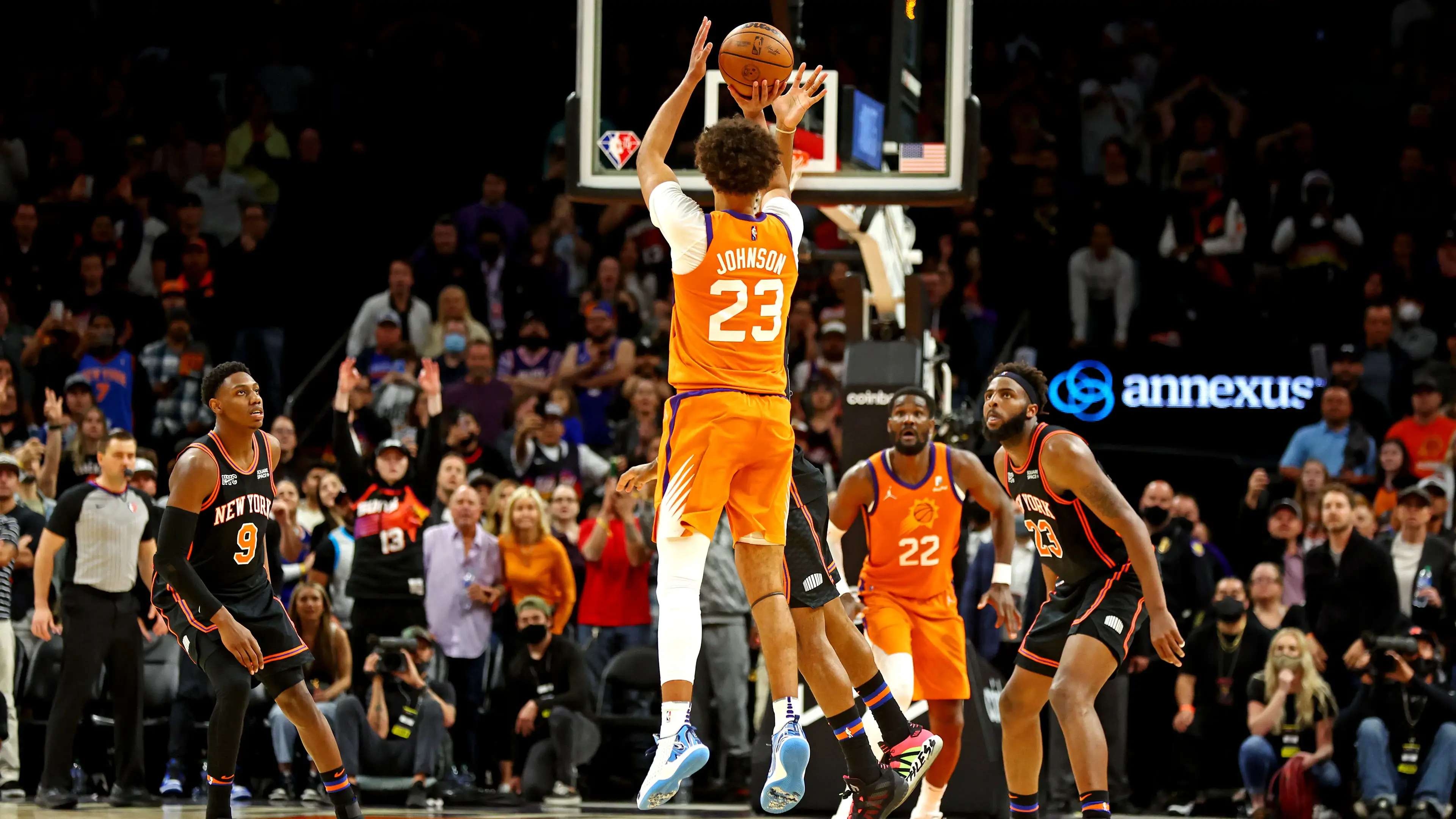 Mar 4, 2022; Phoenix, Arizona, USA; Phoenix Suns forward Cameron Johnson (23) shoots the ball during the second half against the New York Knicks at Footprint Center. / Mark J. Rebilas-USA TODAY Sports