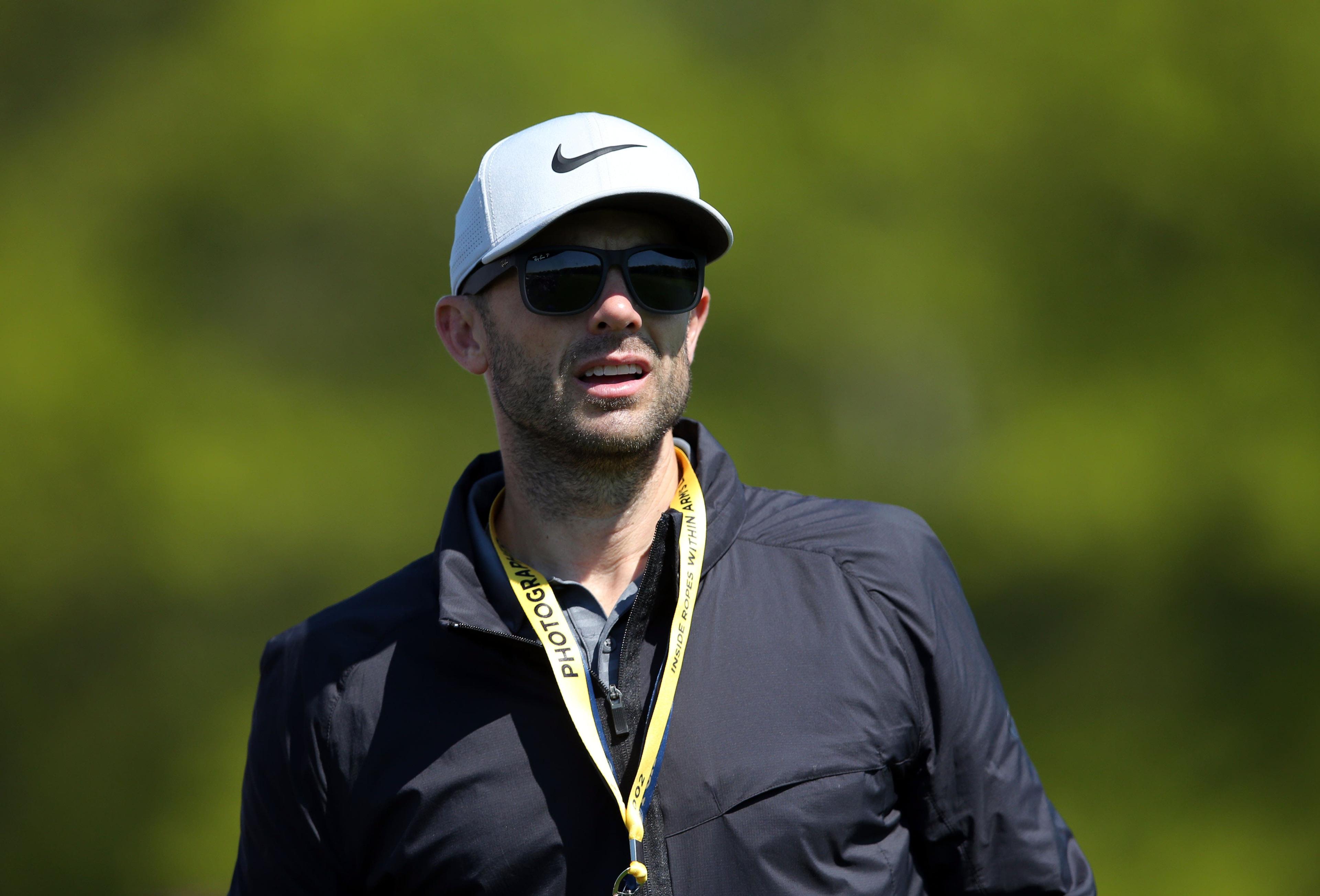 May 16, 2019; Bethpage, NY, USA; New York Mets former player David Wright walks with the Tiger Woods group during the first round of the PGA Championship golf tournament at Bethpage State Park - Black Course. Mandatory Credit: Brad Penner-USA TODAY Sports / Brad Penner