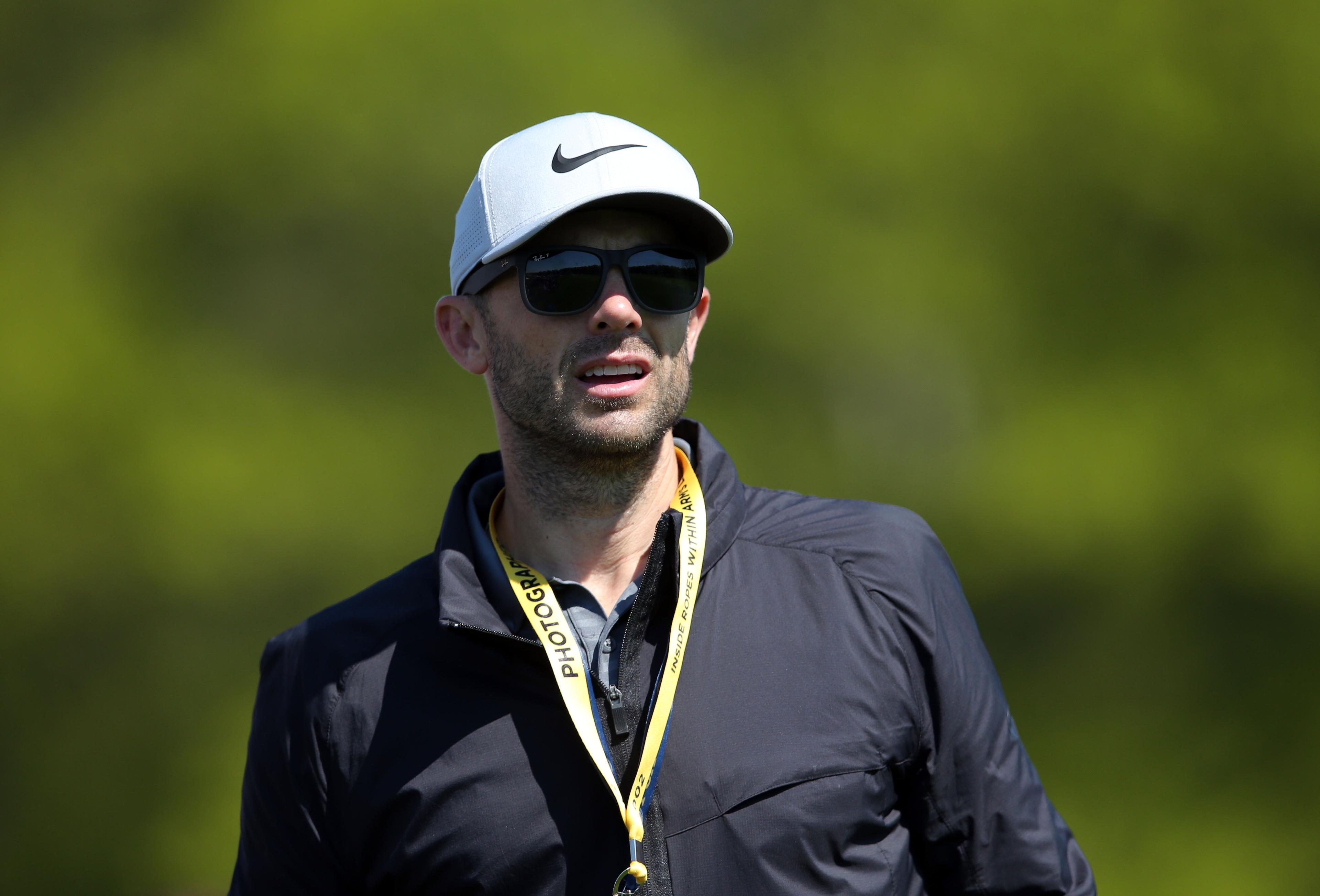 May 16, 2019; Bethpage, NY, USA; New York Mets former player David Wright walks with the Tiger Woods group during the first round of the PGA Championship golf tournament at Bethpage State Park - Black Course. Mandatory Credit: Brad Penner-USA TODAY Sports