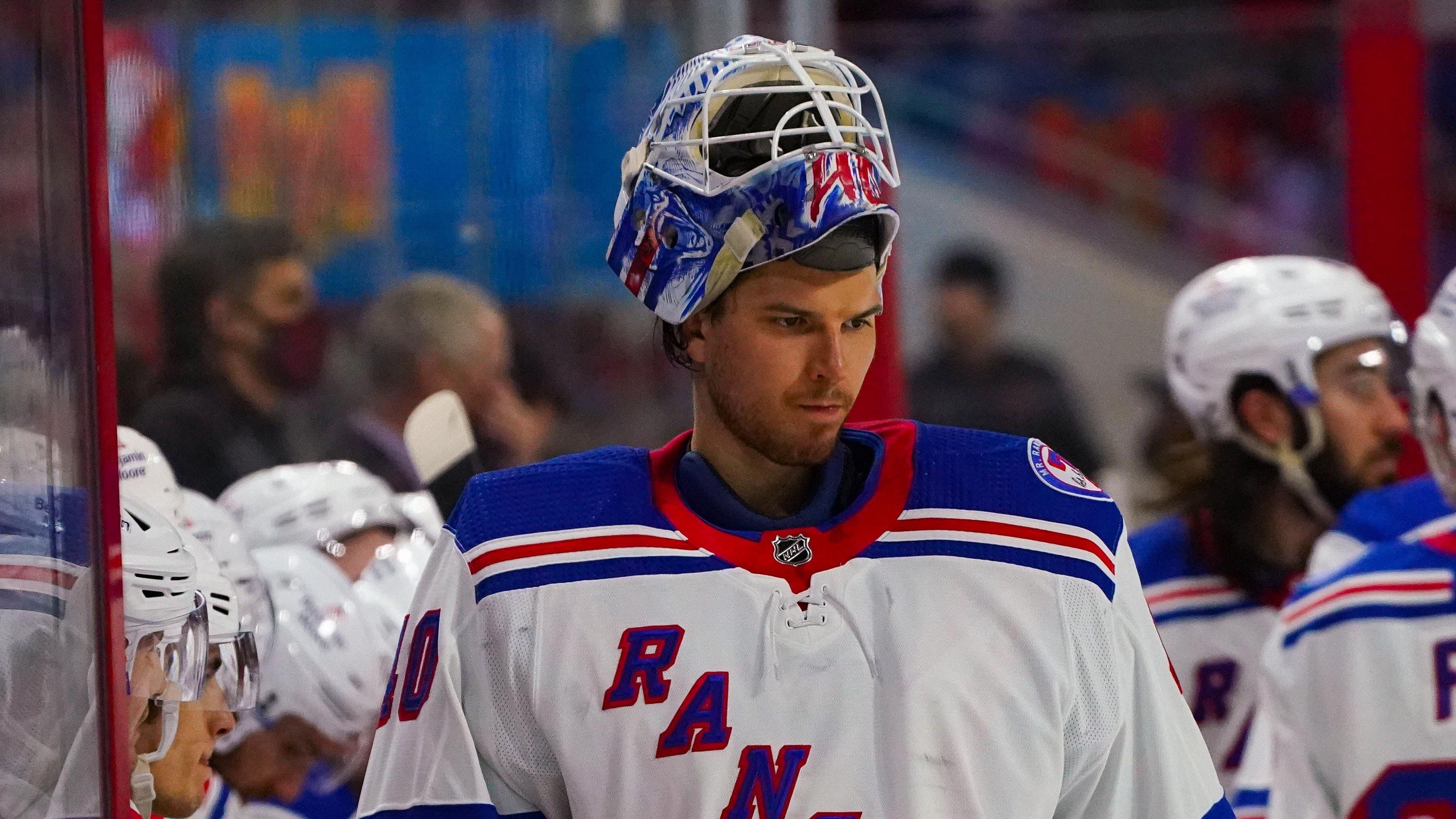 New York Rangers goaltender Alexandar Georgiev (40) looks on against the Carolina Hurricanes during the third period at PNC Arena. / James Guillory-USA TODAY Sports