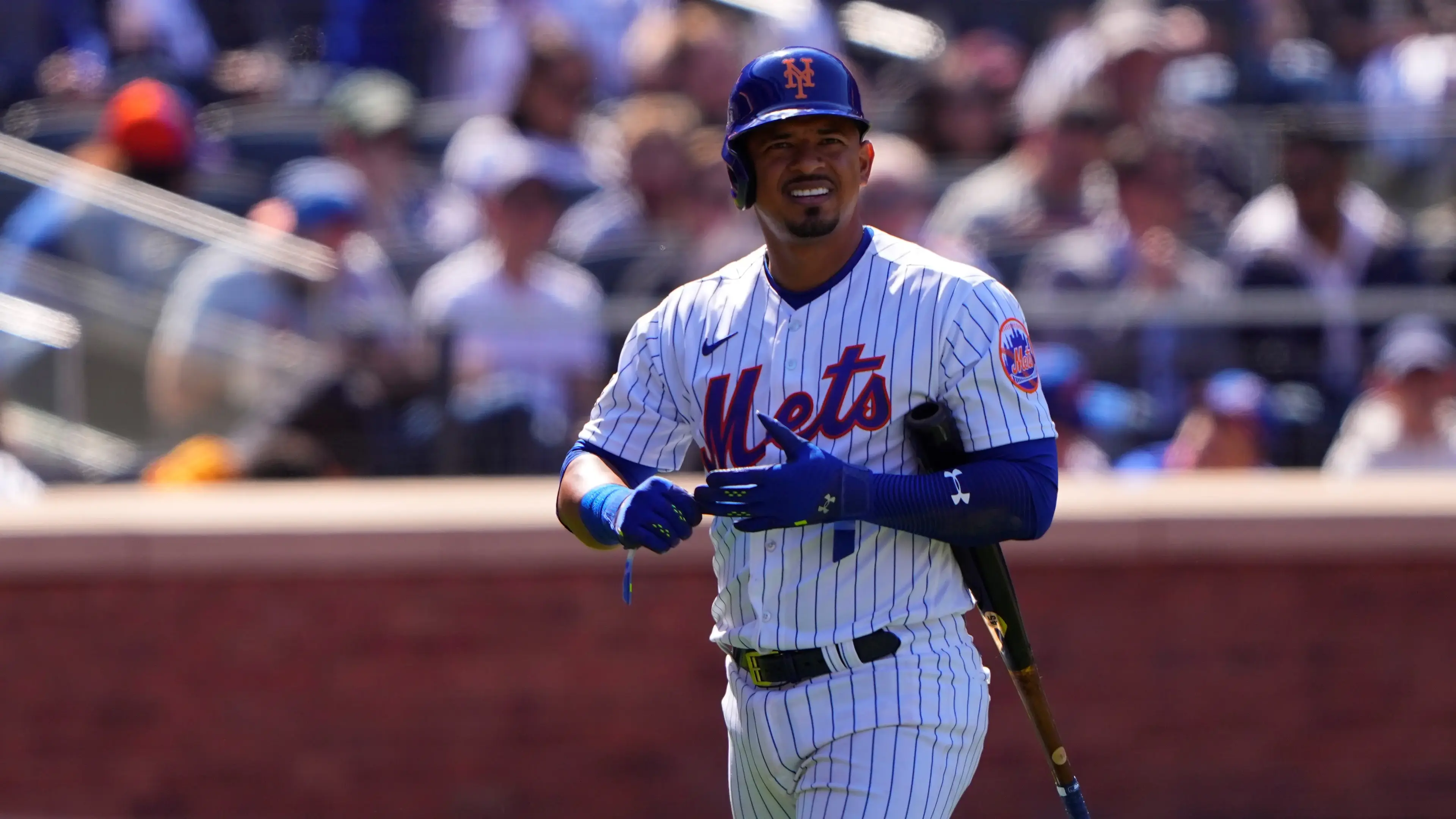 Apr 15, 2022; New York City, New York, USA; New York Mets third baseman Eduardo Escobar (10) returns to the dugout after an at bat against the Arizona Diamondbacks during the fifth inning at Citi Field. / Gregory Fisher-USA TODAY Sports