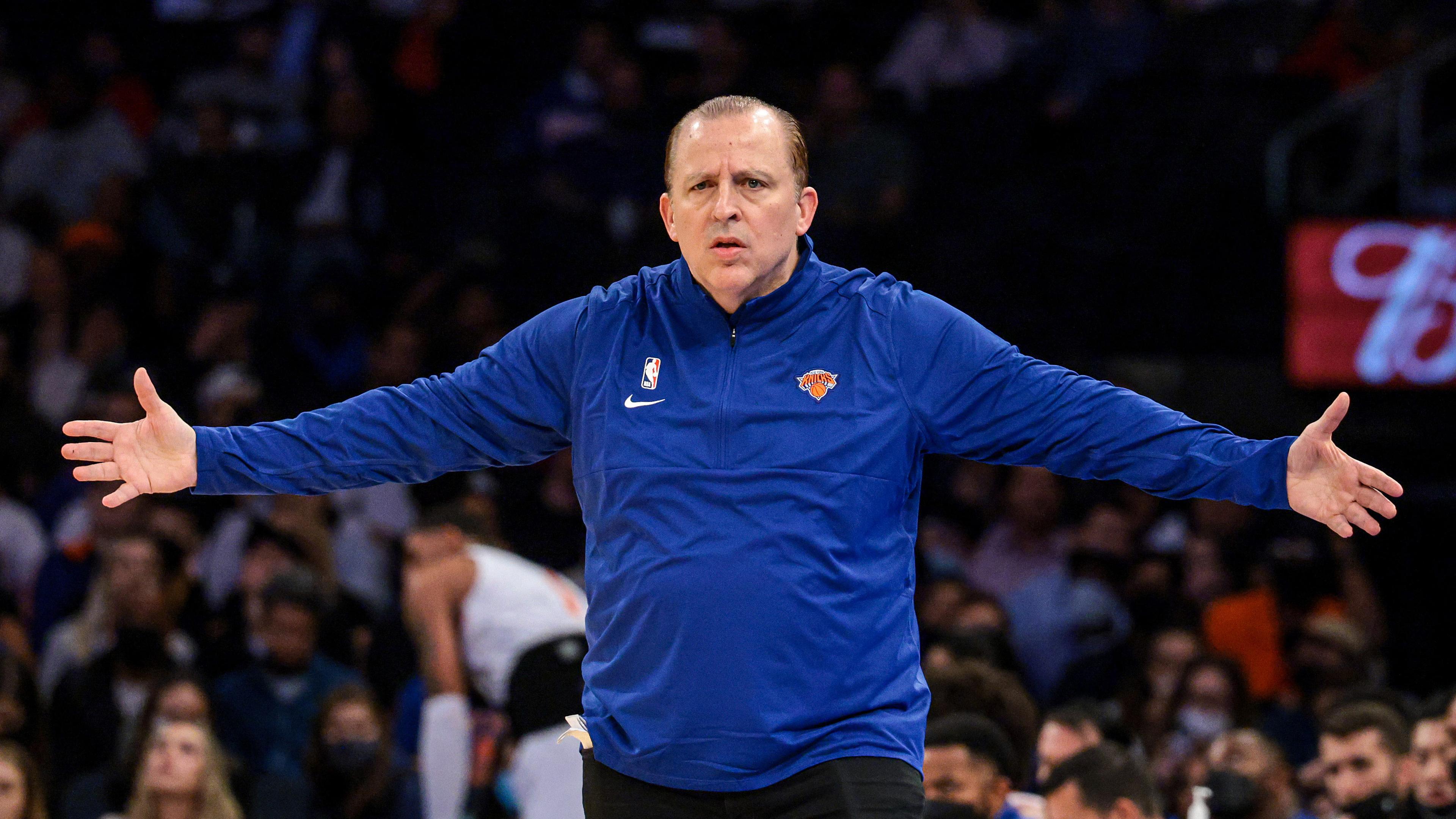 Oct 13, 2021; New York, New York, USA; New York Knicks head coach Tom Thibodeau reacts after a call during the first half against the Detroit Pistons at Madison Square Garden. / Vincent Carchietta-USA TODAY Sports