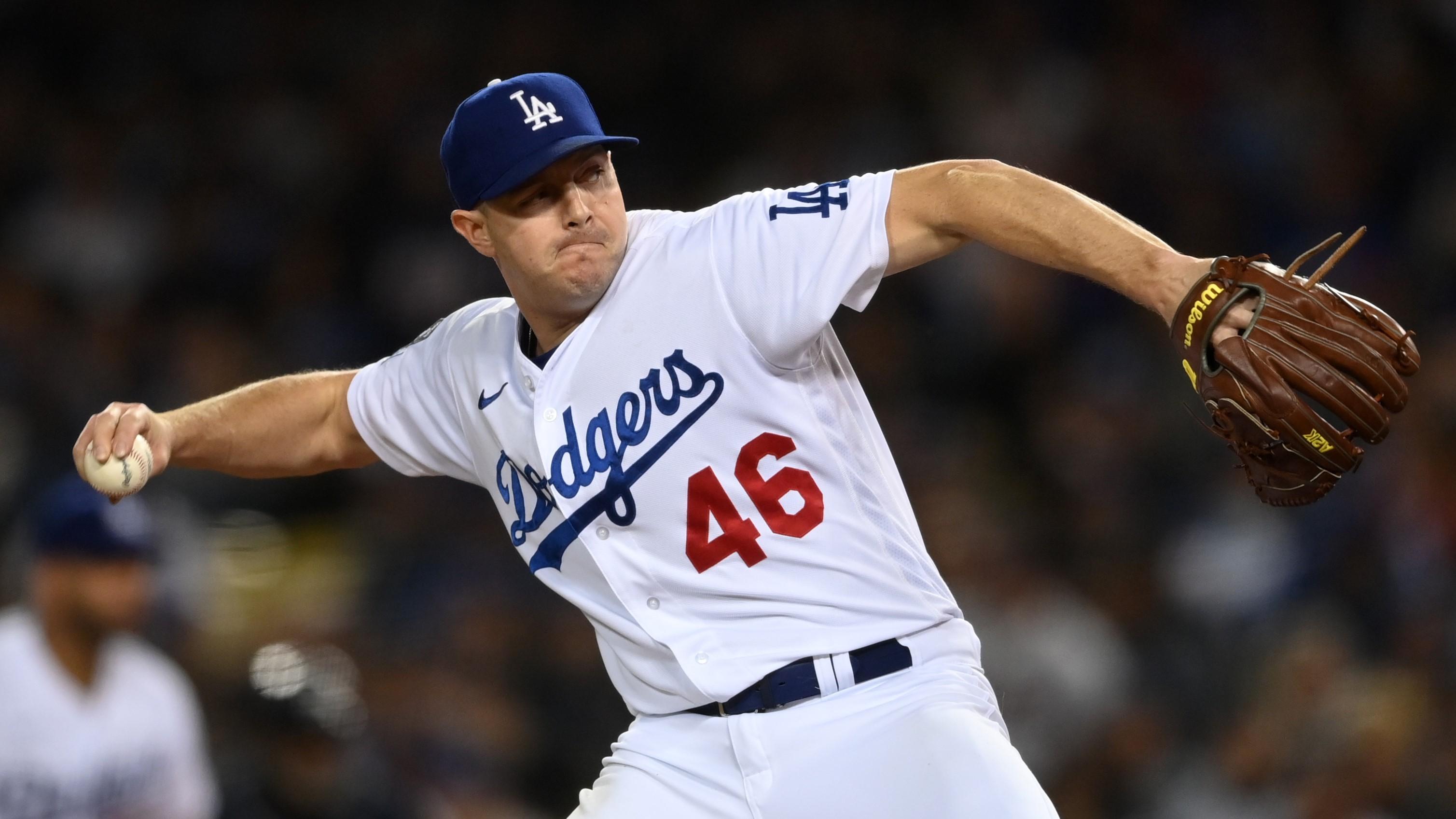 Oct 21, 2021; Los Angeles, California, USA; Los Angeles Dodgers relief pitcher Corey Knebel (46) pitches in the eighth inning against the Atlanta Braves during game five of the 2021 NLCS at Dodger Stadium. / Jayne Kamin-Oncea-USA TODAY Sports