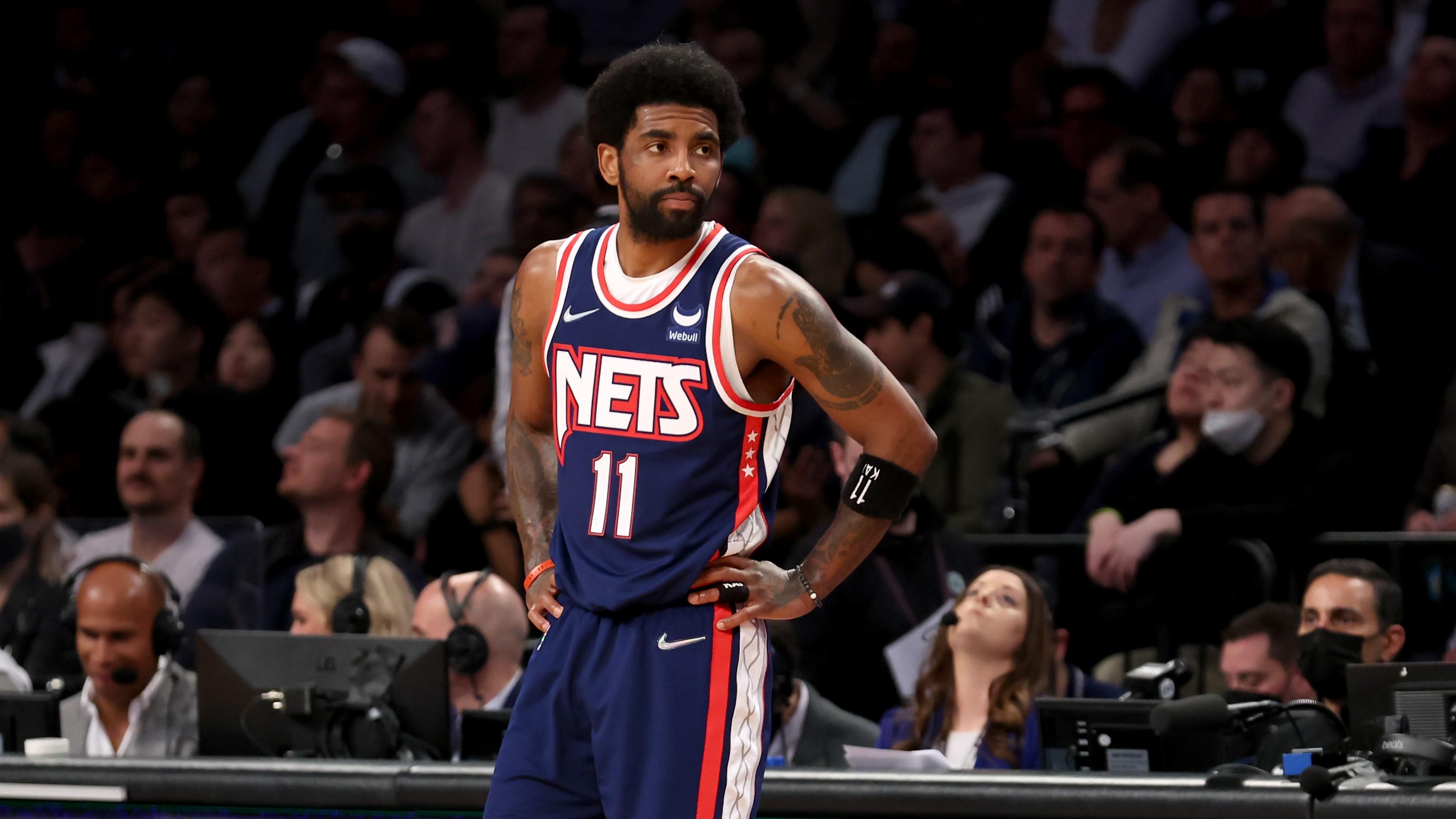 Apr 25, 2022; Brooklyn, New York, USA; Brooklyn Nets guard Kyrie Irving (11) reacts during the second quarter of game four of the first round of the 2022 NBA playoffs against the Boston Celtics at Barclays Center. Mandatory Credit: Brad Penner-USA TODAY Sports / Brad Penner-USA TODAY Sports
