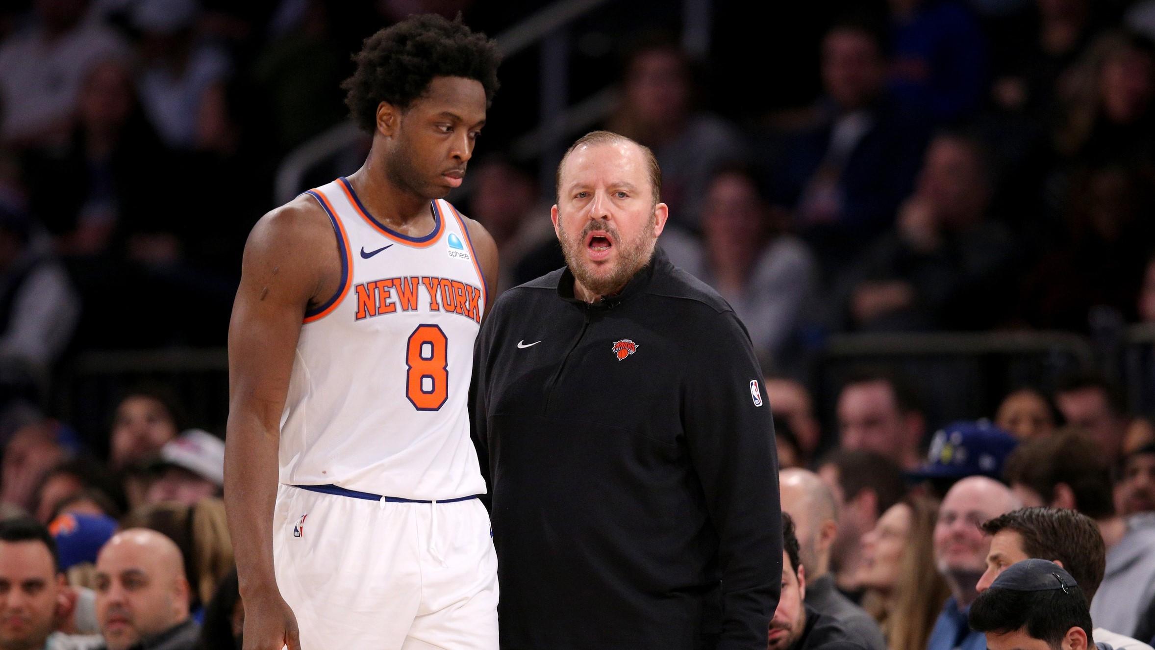Jan 3, 2024; New York, New York, USA; New York Knicks head coach Tom Thibodeau talks to forward OG Anunoby (8) during the fourth quarter against the Chicago Bulls at Madison Square Garden / Brad Penner-USA TODAY Sports