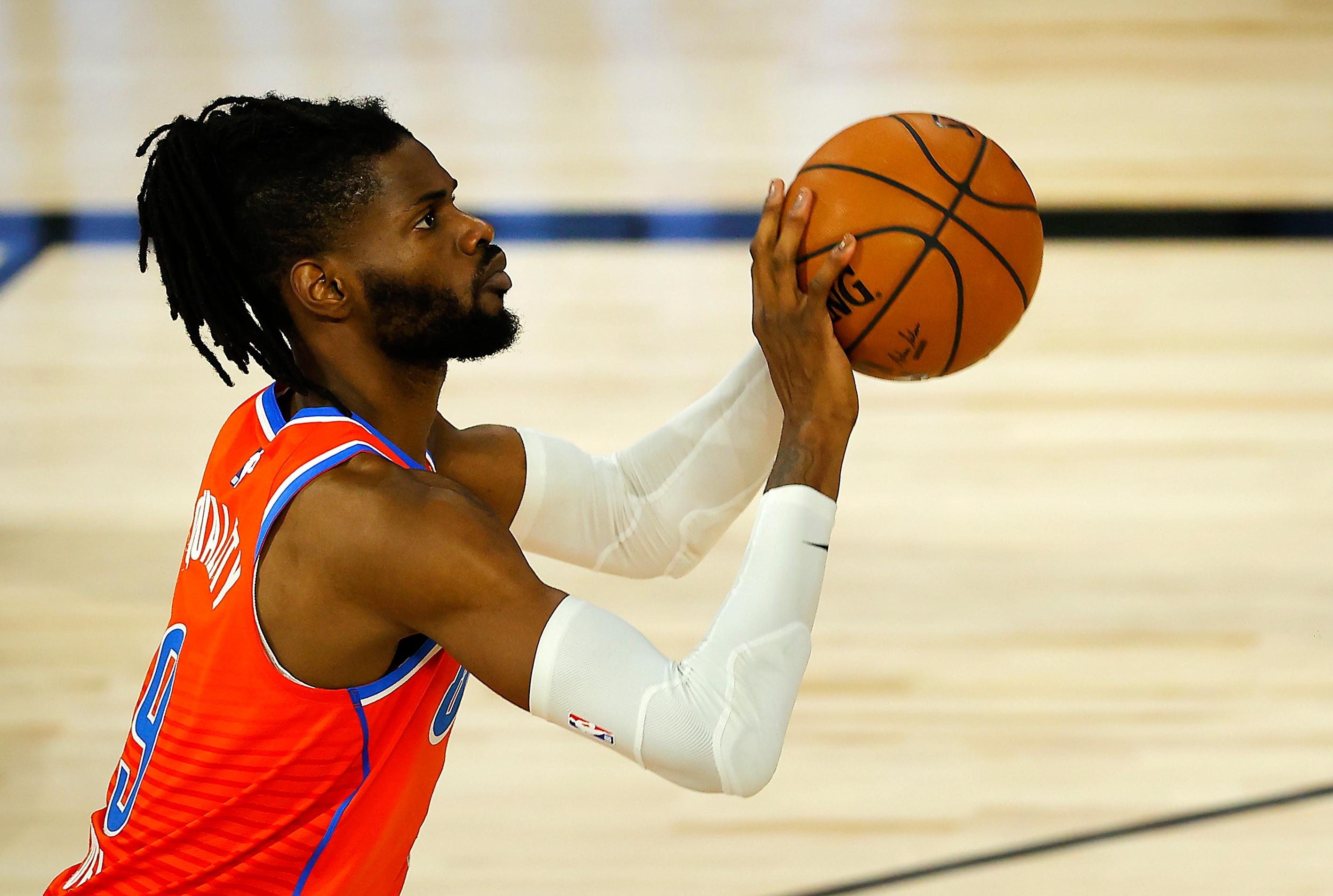 Aug 14, 2020; Lake Buena Vista, Florida, USA; Nerlens Noel #9 of the Oklahoma City Thunder shoots the ball during the first quarter against the LA Clippers at The Field House at ESPN Wide World of Sports Complex / Mike Ehrmann/Pool Photo-USA TODAY Sports