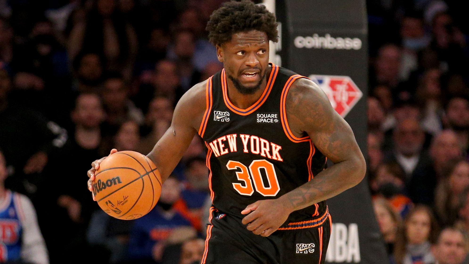 Feb 16, 2022; New York, New York, USA; New York Knicks forward Julius Randle (30) brings the ball up court against the Brooklyn Nets during the fourth quarter at Madison Square Garden. / Brad Penner-USA TODAY Sports