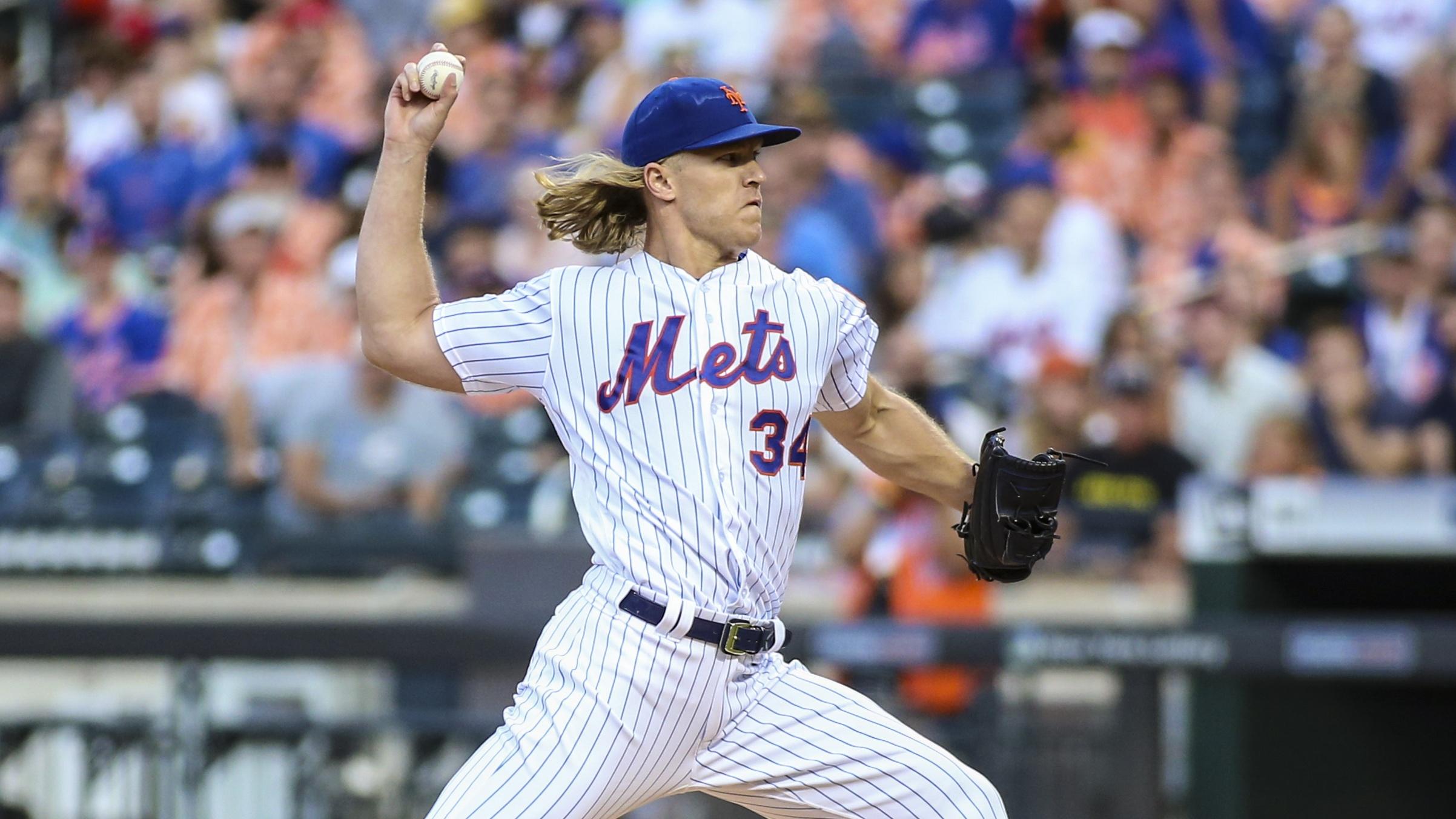 Aug 10, 2019; New York City, NY, USA; New York Mets pitcher Noah Syndergaard (34) pitches in the first inning against the Washington Nationals at Citi Field. Mandatory Credit: Wendell Cruz-USA TODAY Sports / © Wendell Cruz-USA TODAY Sports
