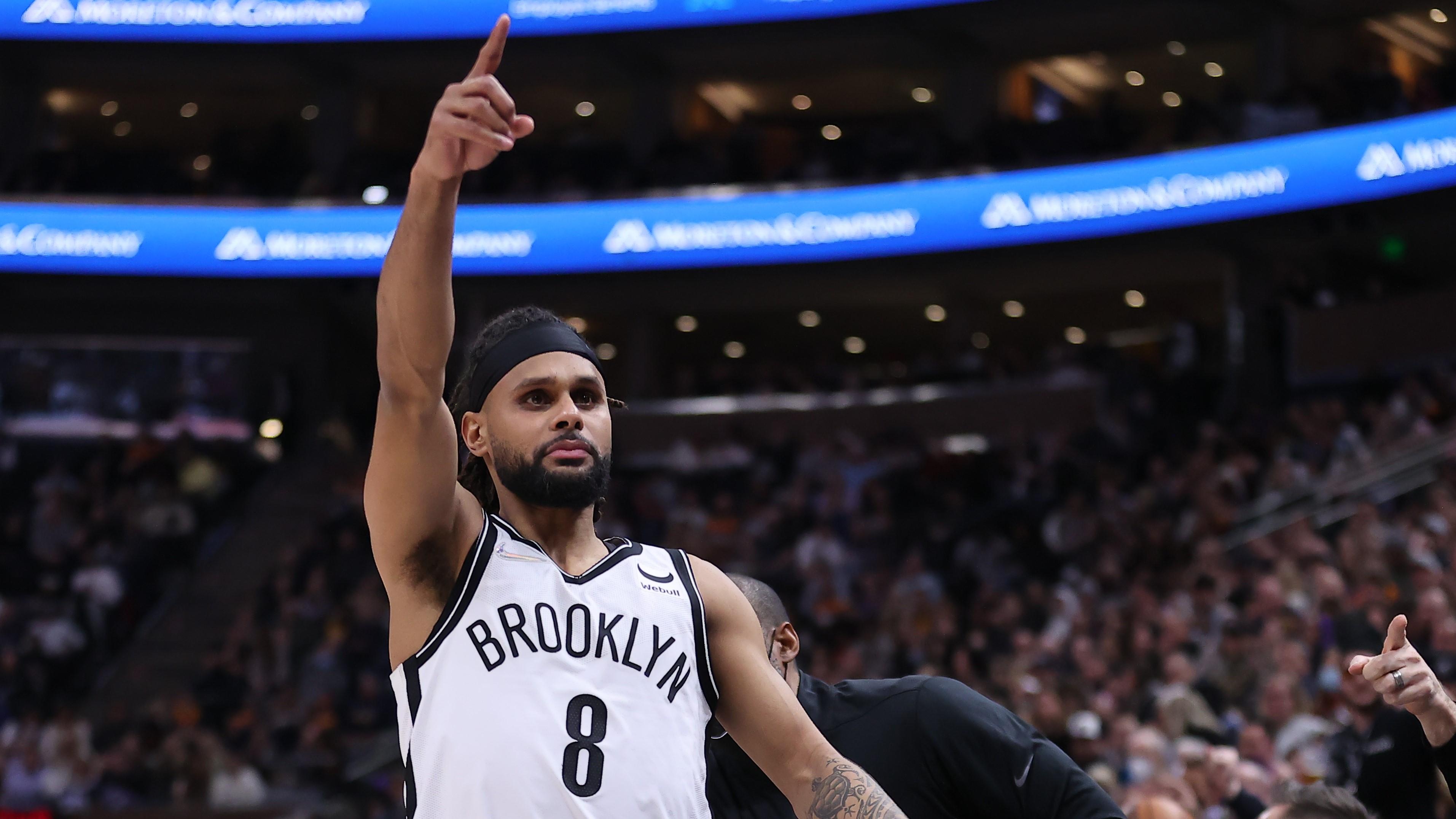 Feb 4, 2022; Salt Lake City, Utah, USA; Brooklyn Nets guard Patty Mills (8) reacts to a play in the second quarter against the Utah Jazz at Vivint Arena. / Rob Gray-USA TODAY Sports