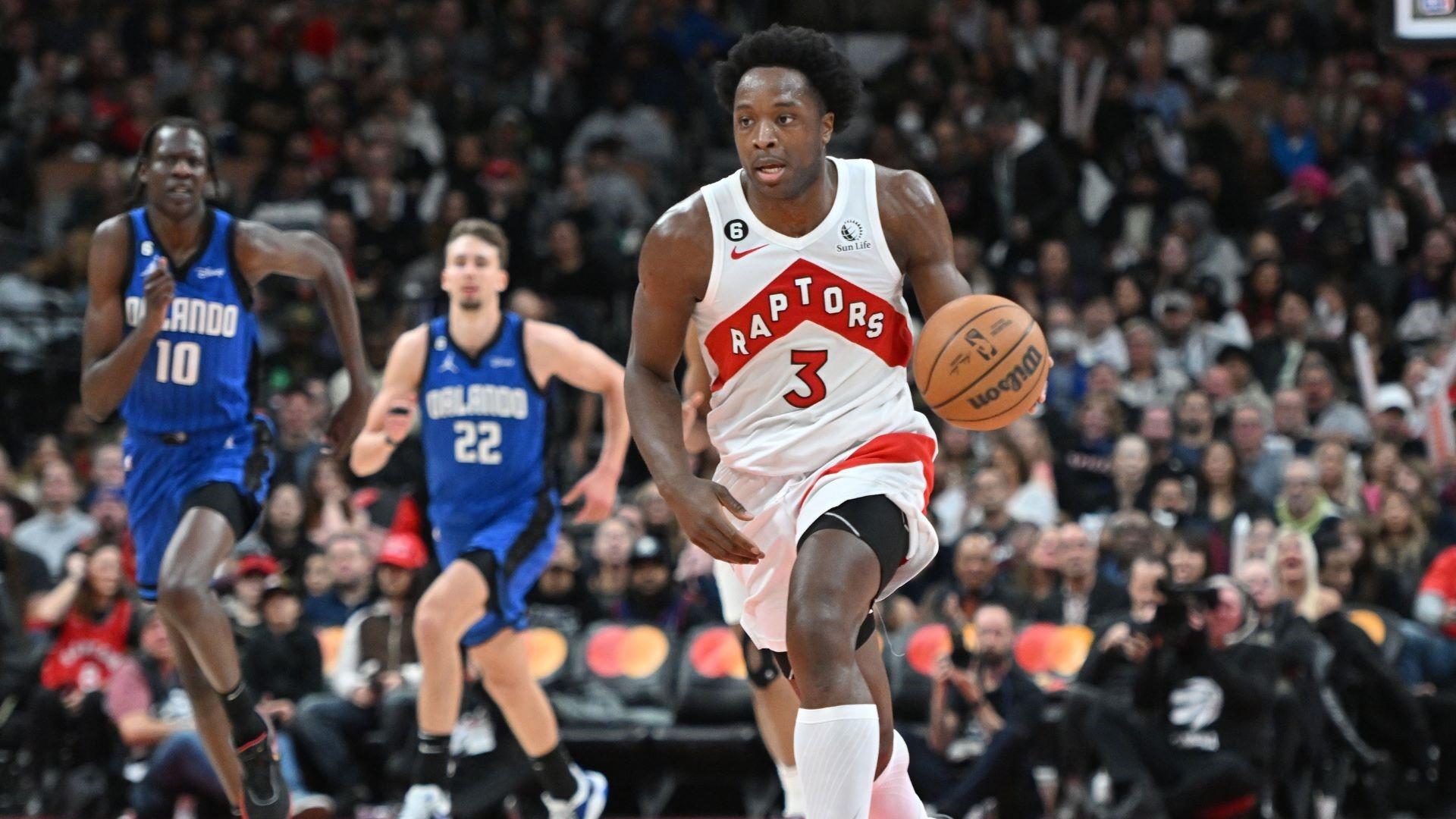 Dec 3, 2022; Toronto, Ontario, CAN; Toronto Raptors forward OG Anunoby (3) dribbles the ball up court against the Orlando Magic in the second half at Scotiabank Arena. / Dan Hamilton-USA TODAY Sports