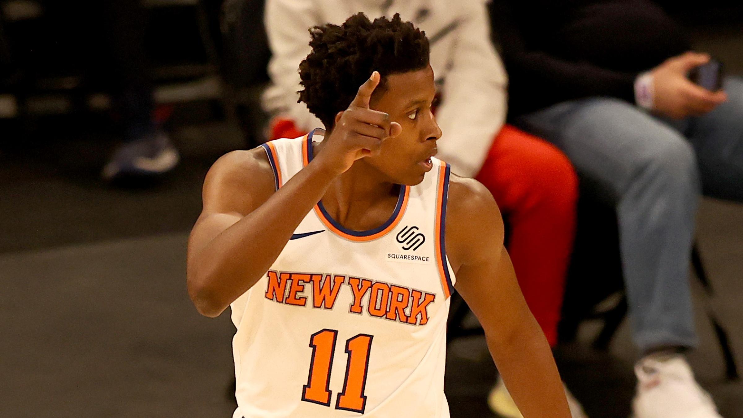 Feb 27, 2021; New York, New York, USA; Frank Ntilikina #11 of the New York Knicks celebrates his three point shot in the second quarter against the Indiana Pacers at Madison Square Garden. Mandatory Credit: POOL PHOTOS-USA TODAY Sports / © POOL PHOTOS-USA TODAY Sports
