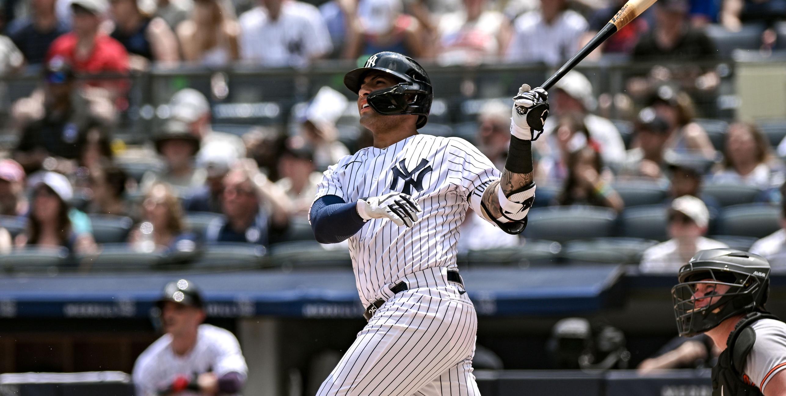 New York Yankees second baseman Gleyber Torres (25) hits a two-run home run against the Baltimore Orioles during the first inning at Yankee Stadium. / John Jones-USA TODAY Sports